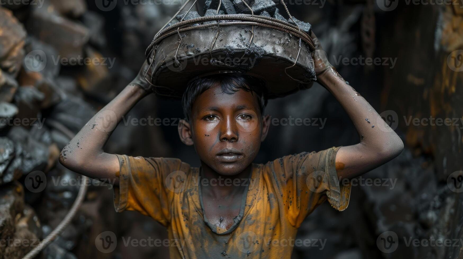 A young boy balances a basket of coal on his head skillfully maneuvering through the narrow tunnels of a smallscale coal mine photo