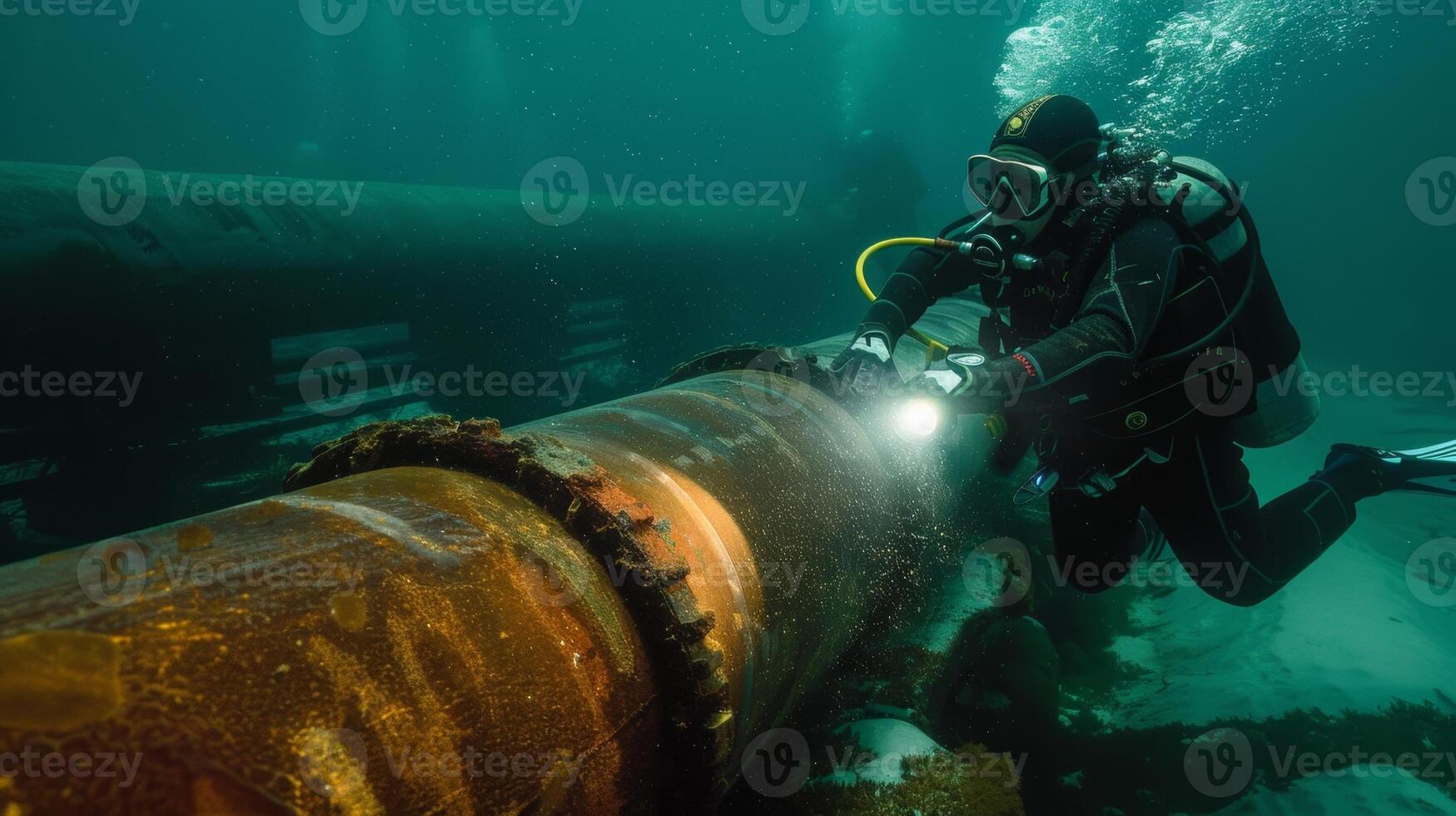 Underneath the water a diver uses a small flashlight to closely examine a section of the pipeline photo