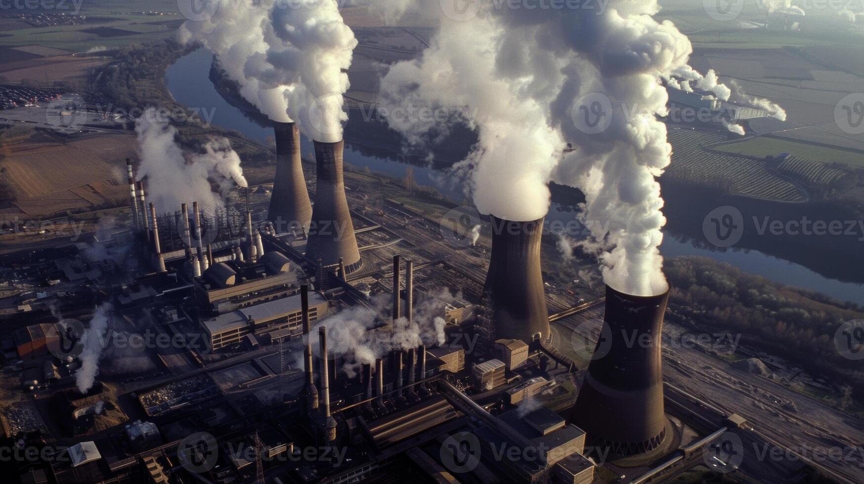 Aerial view of a coalfired power plant spewing smoke into the atmosphere photo