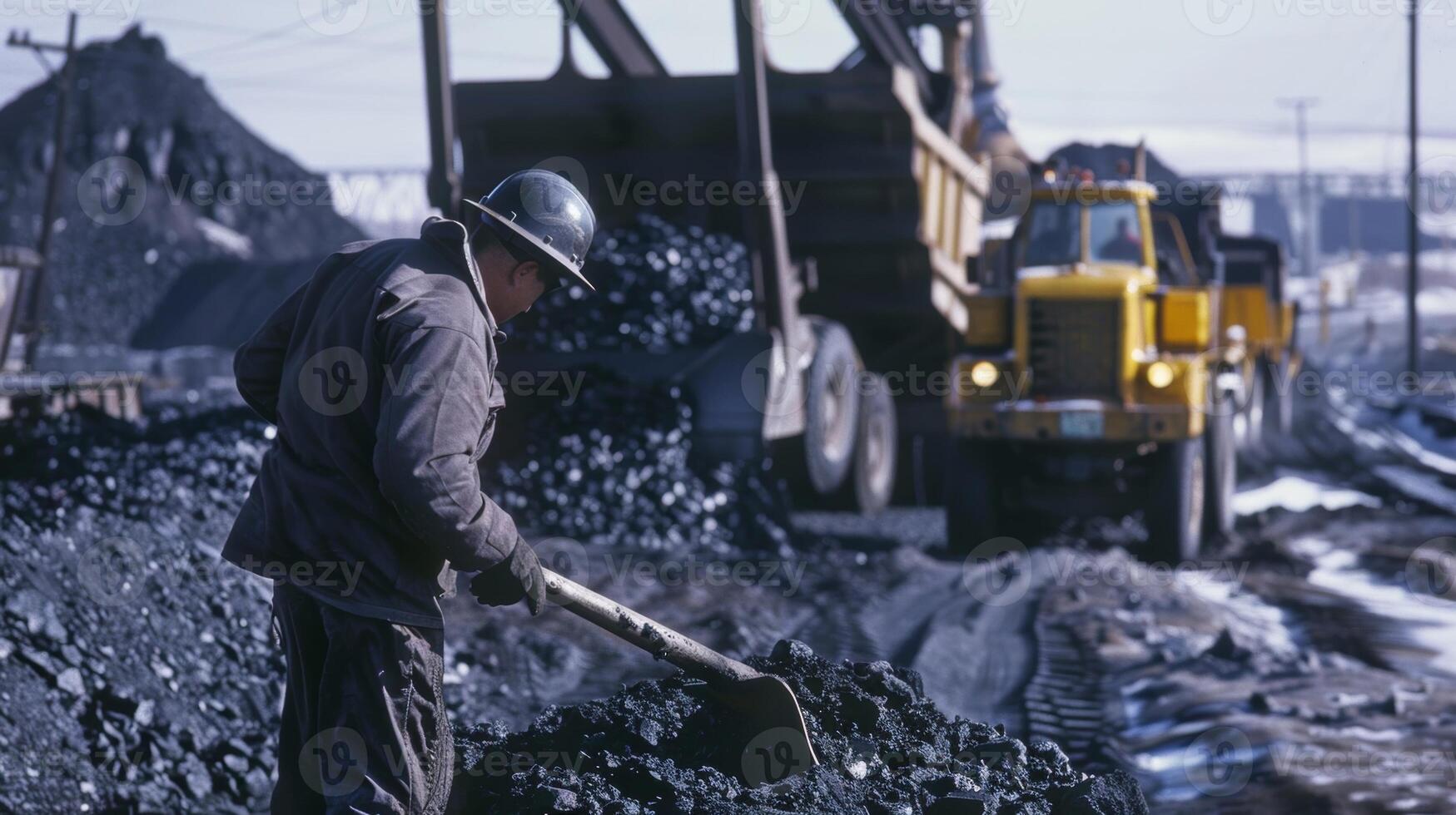 A worker uses a large shovel to load piles of coal onto a waiting truck photo