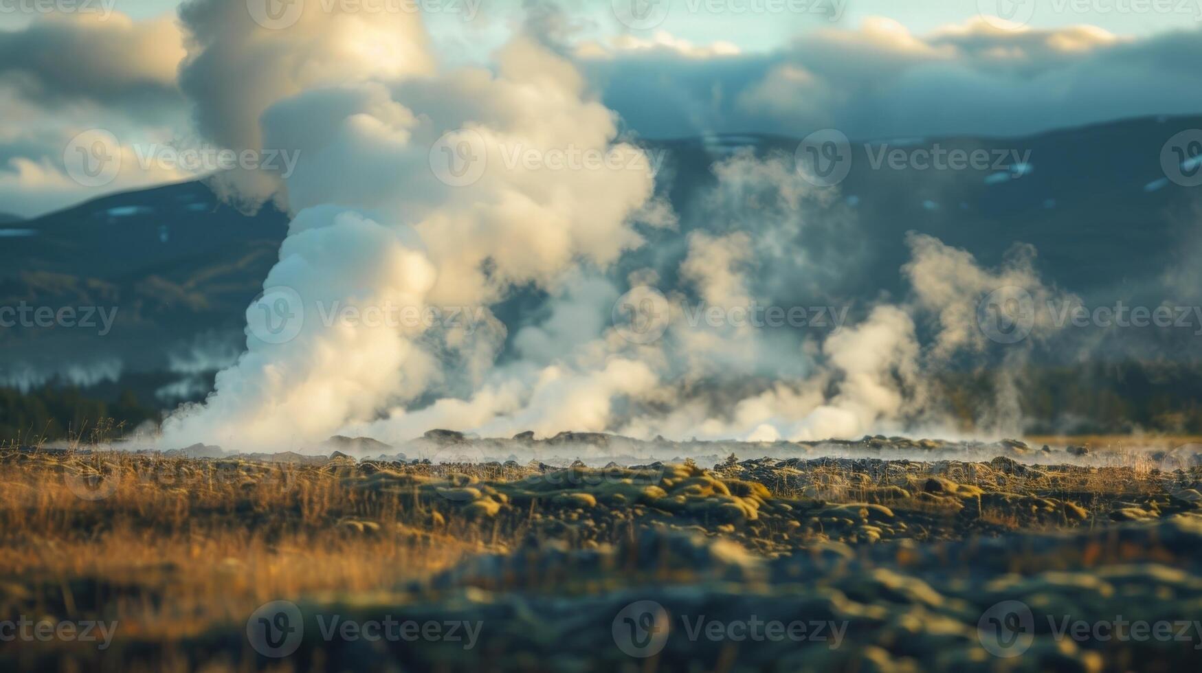 A field of geothermal wells each one extracting hot water and steam from deep within the earth photo