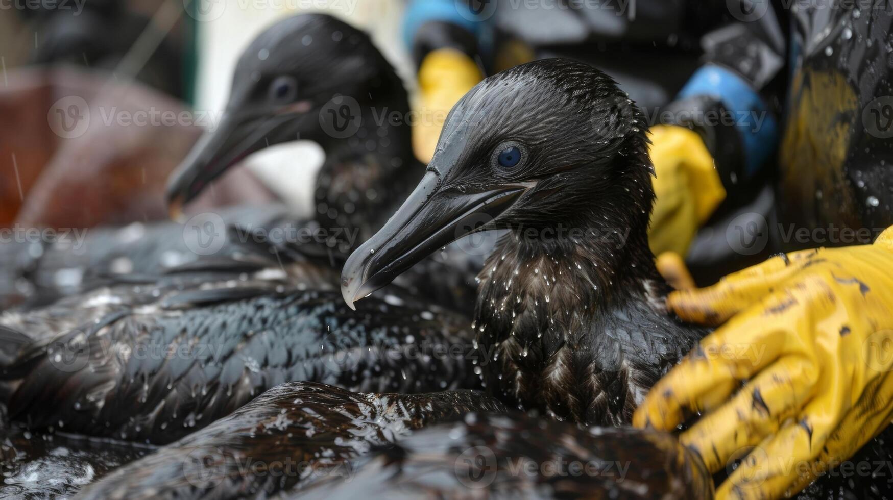 Blackened seabirds and marine life being gently cleaned and rehabilitated by trained volunteers photo