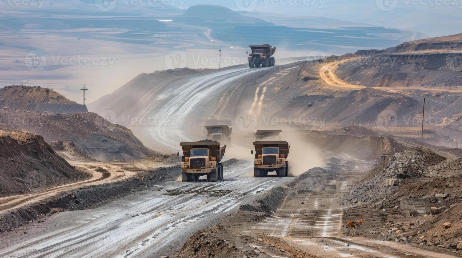 Dusty trucks make their way along a winding road transporting lignite to its destination photo