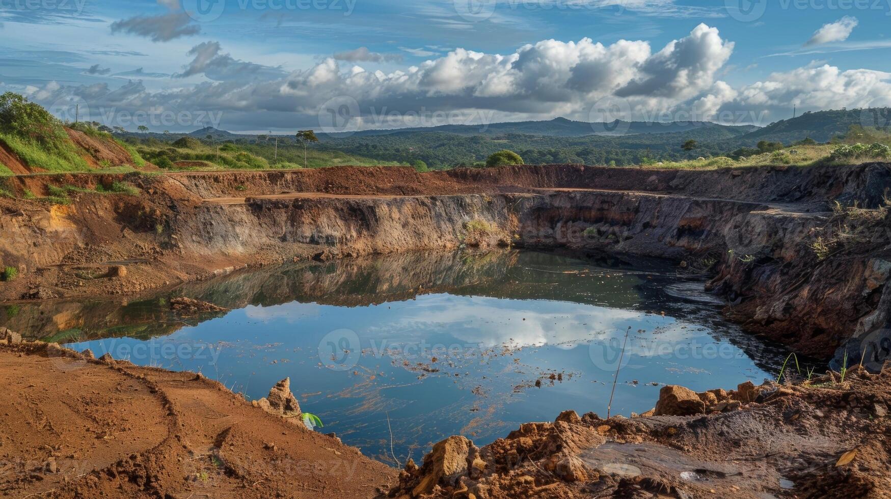 The landscape dotted with deep manmade craters from previous bauxite mining activities now filled with water creating reflecting pools photo