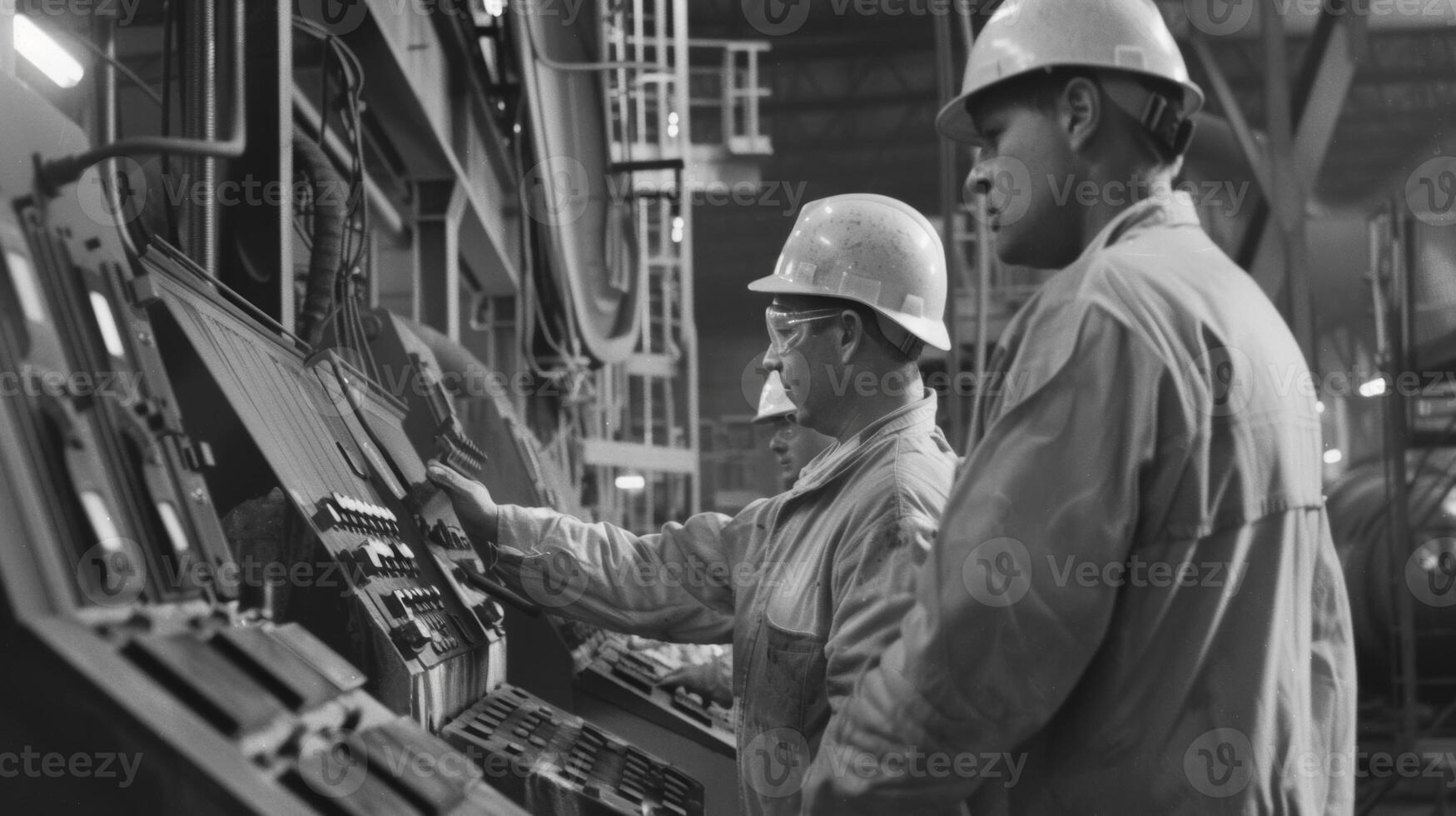 Workers in hard hats and coveralls monitoring the smelting process with a control panel photo