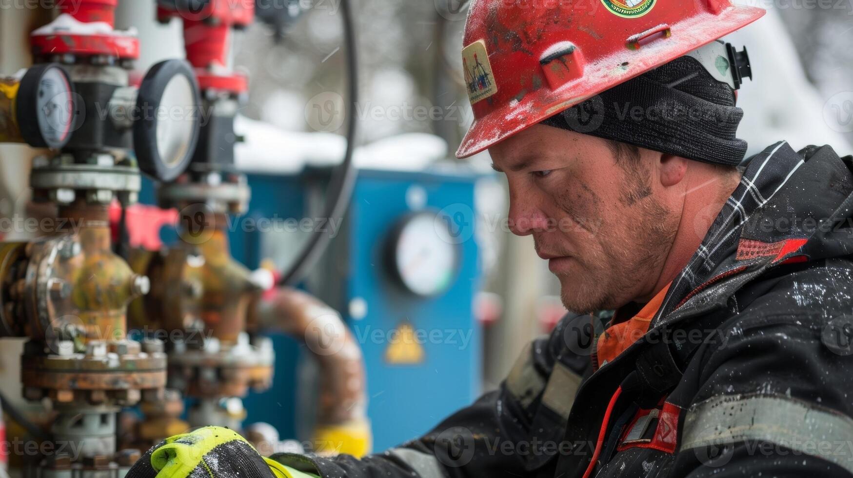A closeup of a worker in a hard hat and safety gear monitoring gauges at a hydrofracturing site photo
