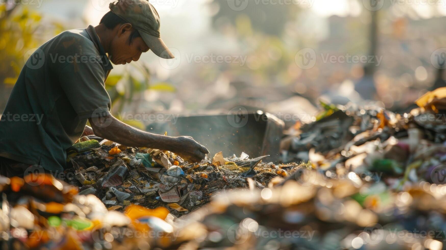 A worker sorting through a pile of garbage separating out recyclable materials before sending the rest to be incinerated photo