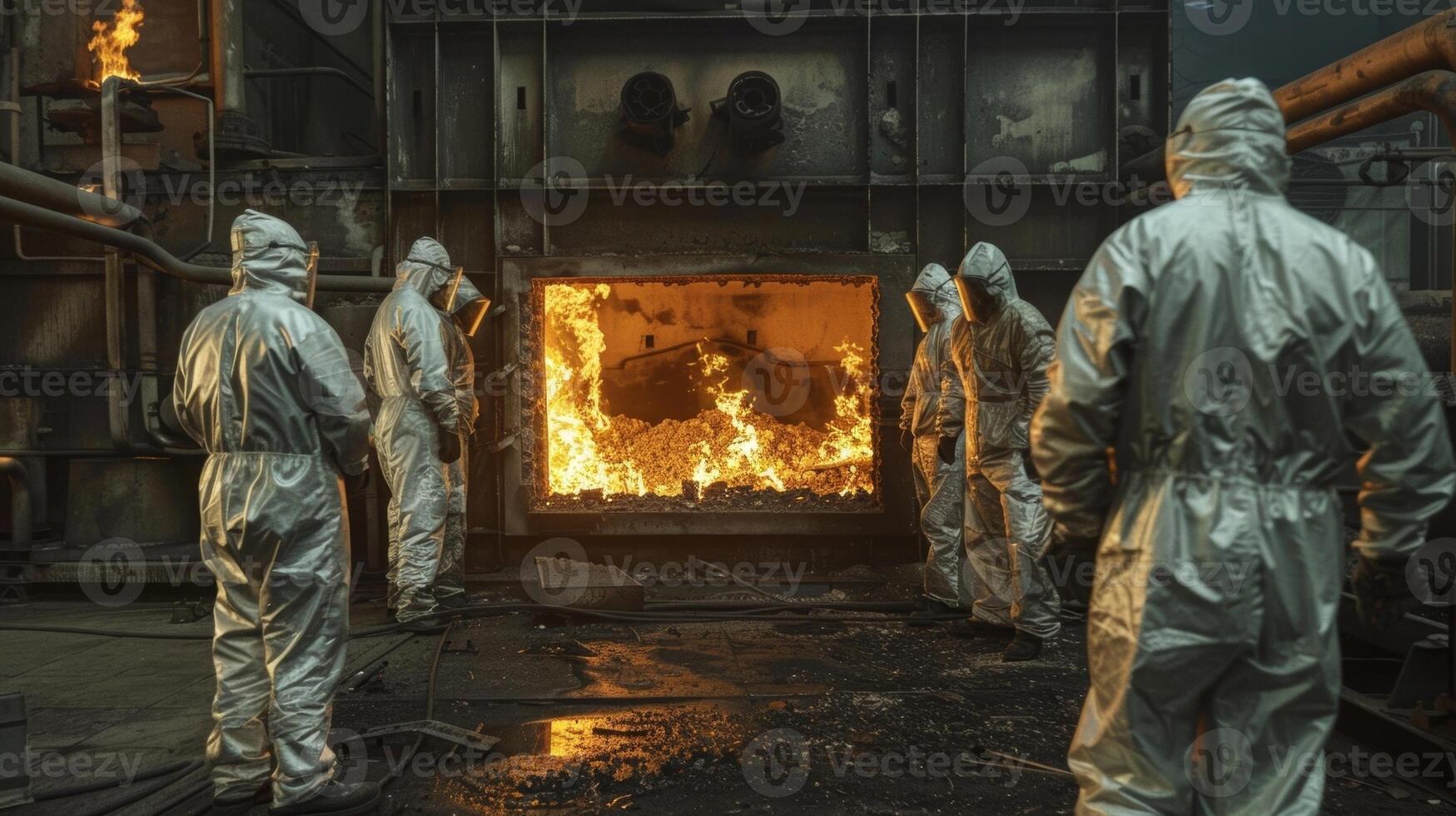 A group of workers in protective suits and masks overseeing the incinerator furnace keeping a watchful eye on the burning waste inside photo