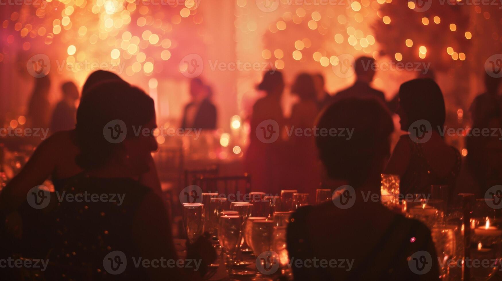 Defocused A muted symphony plays in the distance lulling the guests into a state of enchantment. Amidst the sea of tables adorned with glittering centerpieces the guests silhouettes photo