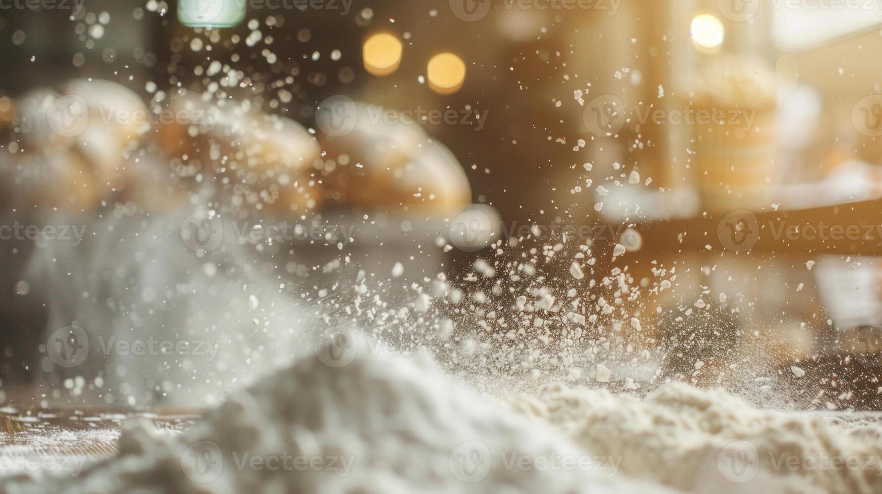 Defocused image 3 A hazy swirl of flour and sugar dust hangs in the air catching the light and creating a dreamy magical atmosphere in the early morning bakery. photo