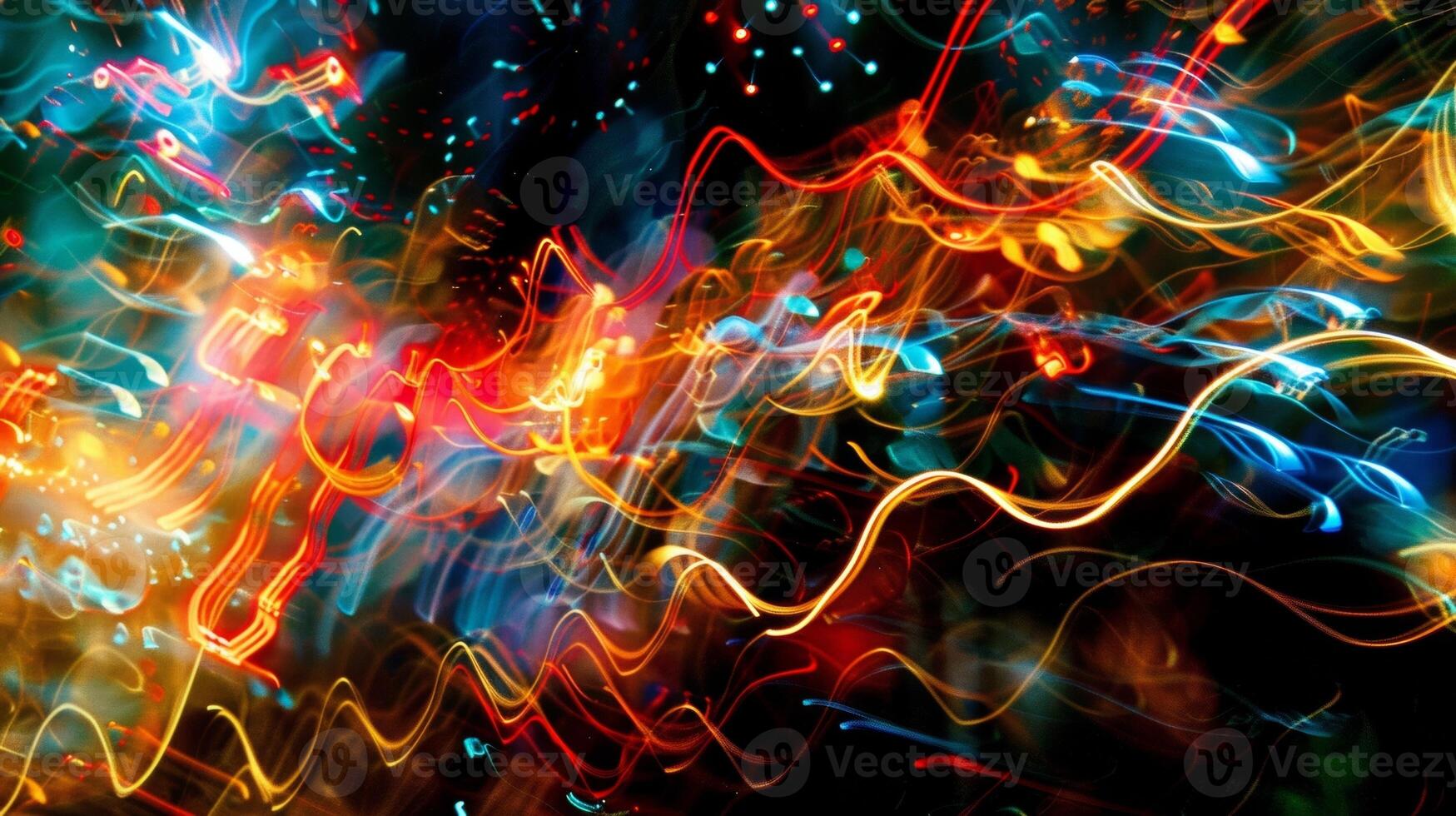 An array of blurred lights and shapes swirl in a chaotic dance a representation of the constant flow of data in the digital world. photo