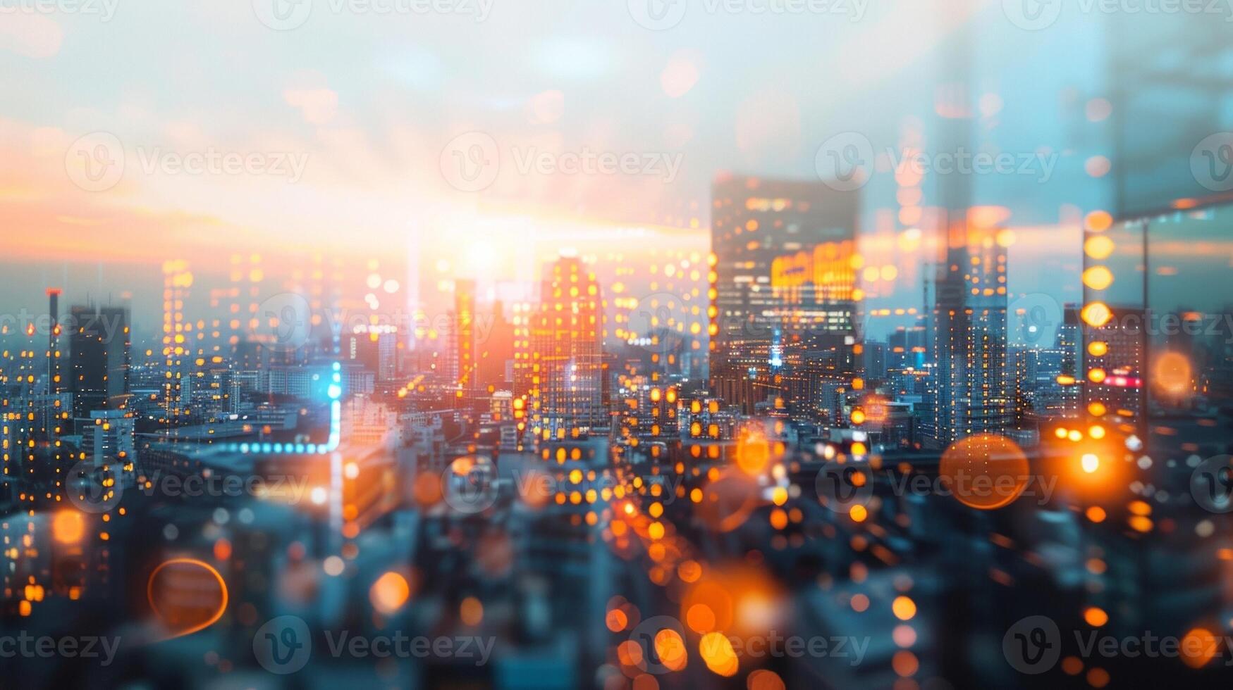 Blurred Digital Dusk A fusion of digital and natural elements captured in a hazy outoffocus image of a glowing sunset above a cityscape of technology and innovation. photo