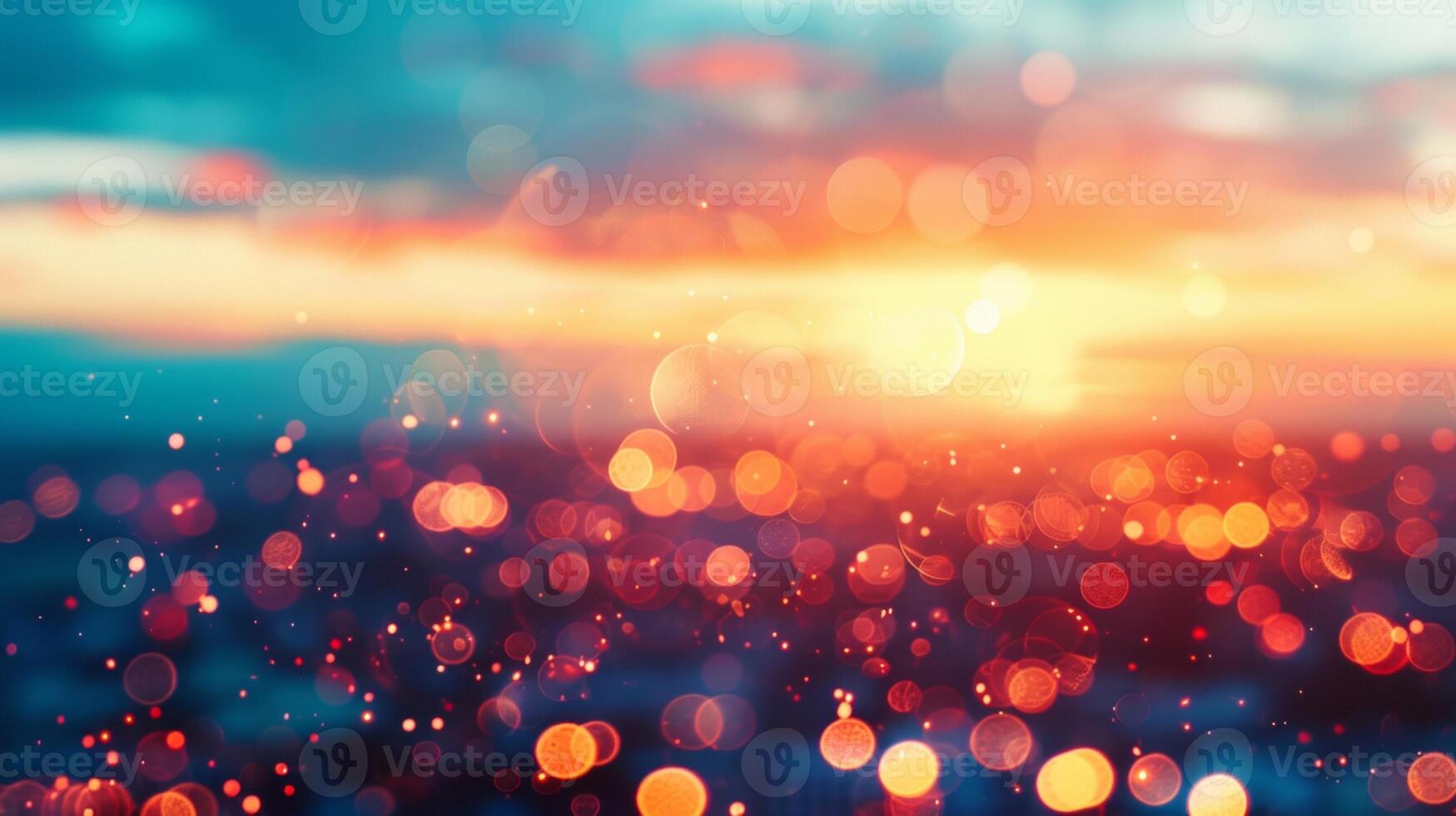 Defocused Glowing Horizon A stunning glimpse into the future with a blurred backdrop of vibrant ethereal lights merging into a sunrise over a technological landscape. photo