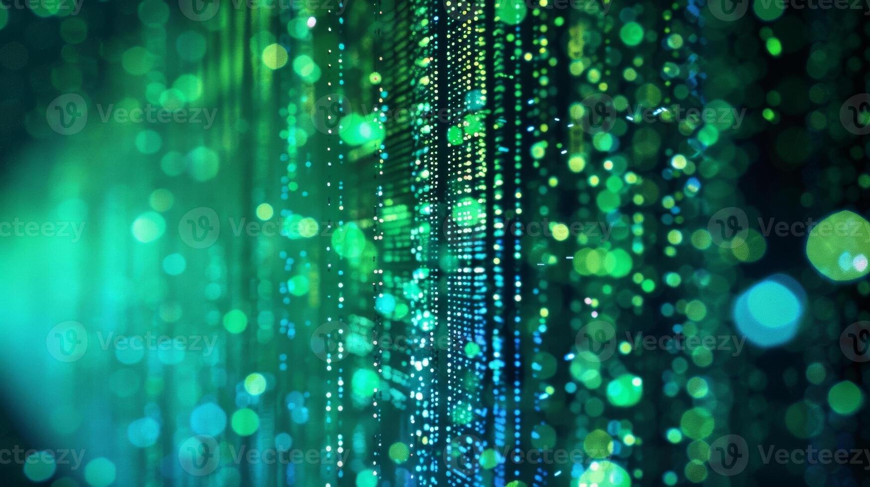 The dimly lit background amplifies the intense glow of defocused neon lights casting a mesmerizing spell of edgy futuristic vibes in shades of bright green and blue. photo