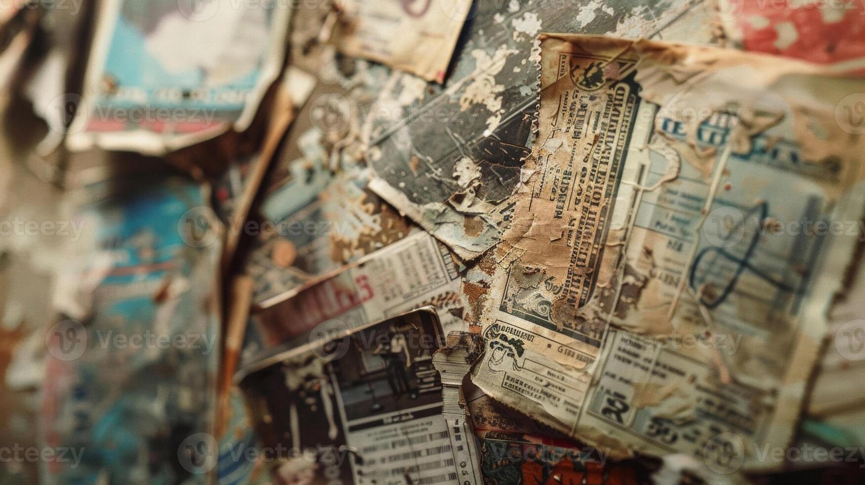 A blurred backdrop of worn concert tickets and faded gig posters evoking a sense of wistfulness for bygone days on the Melodious Memory Lane. photo