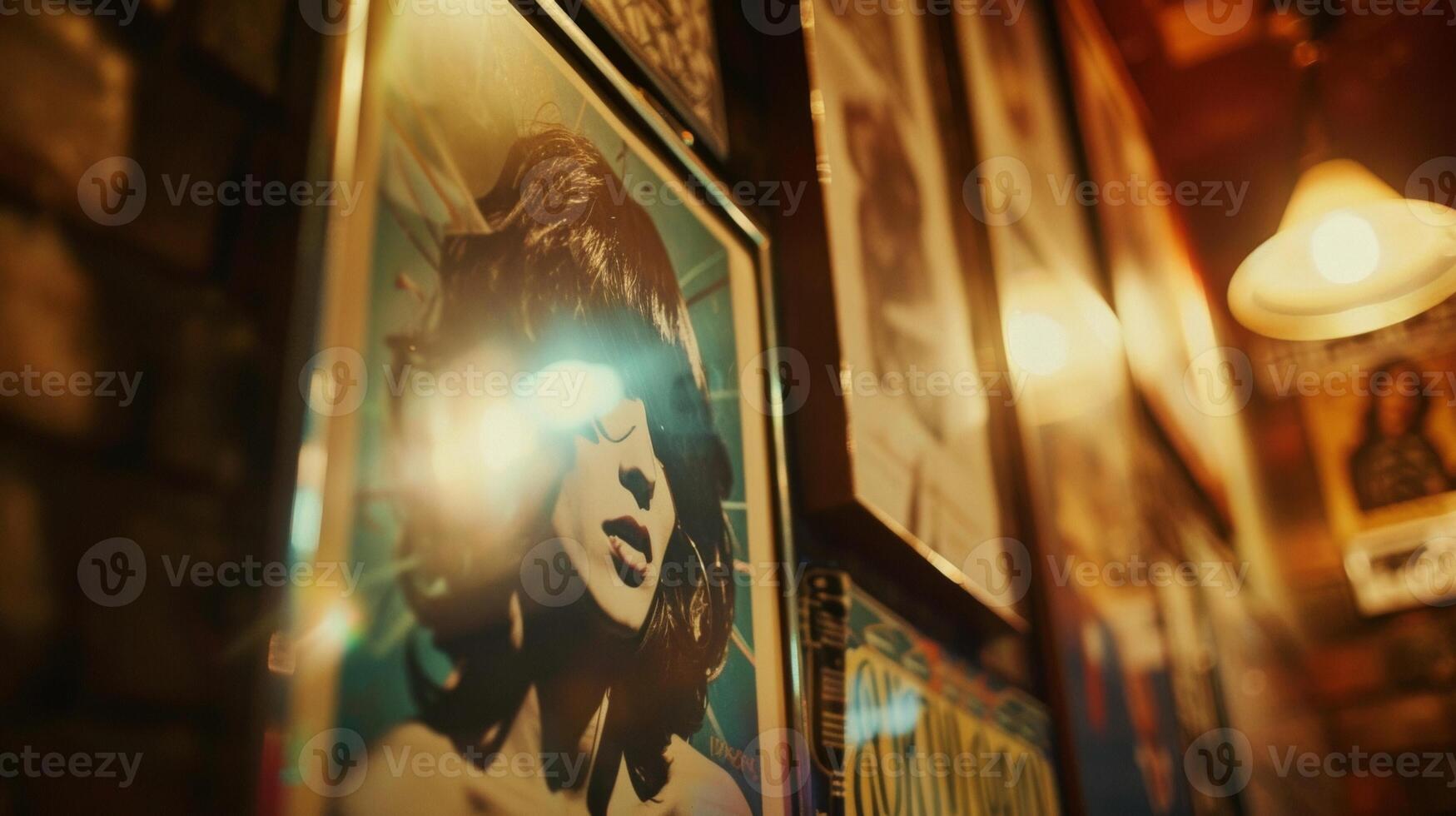 Softly blurred music band posters lining the walls transporting you to a bygone era of rock and roll and soulful melodies. photo