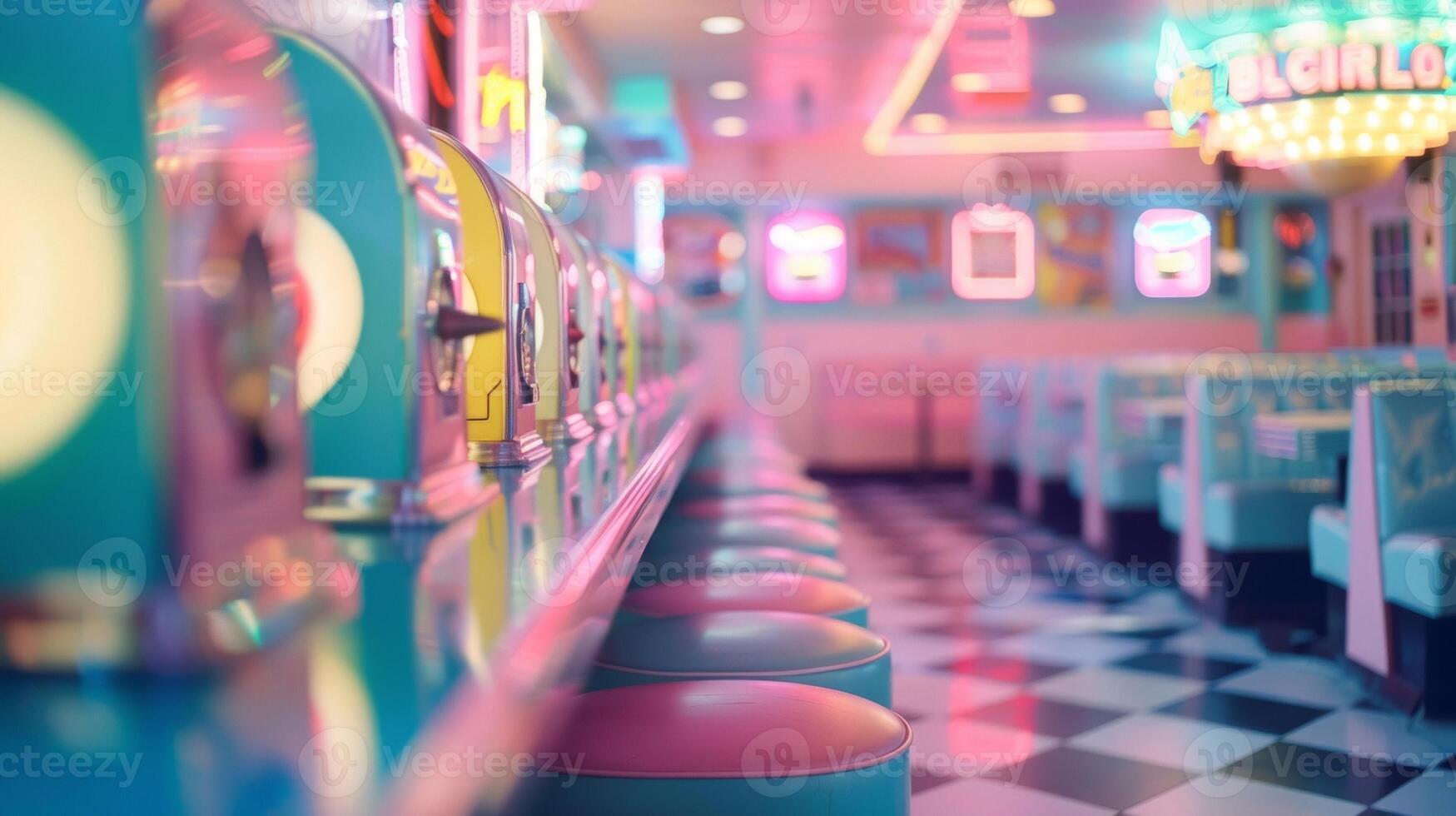 Softly muted silhouettes of vintage diner booths and neon signs creating a dreamy backdrop for the vibrant shades of pastel jukebox buttons. photo