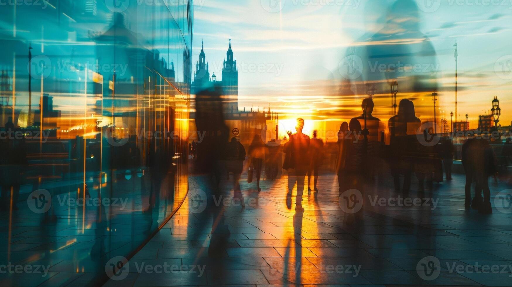 Blurred silhouettes of people mingled with distorted reflections of buildings all caught in the gl mirrors. photo