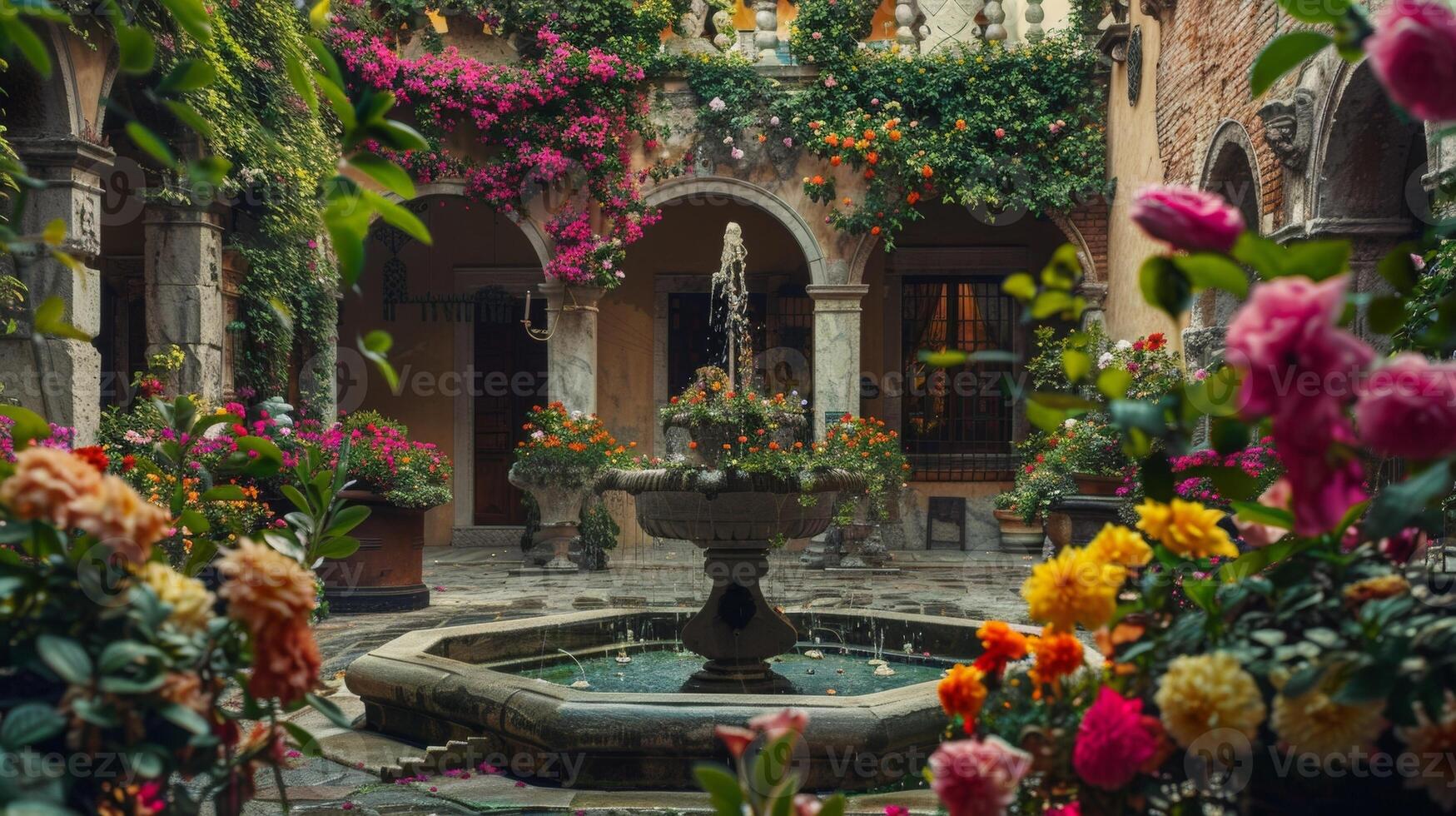A defocused glimpse into a Venetian Palazzo courtyard showcasing a beautiful fountain surrounded by vibrantly colored flowers and ivycovered walls. The distant sound of live music photo