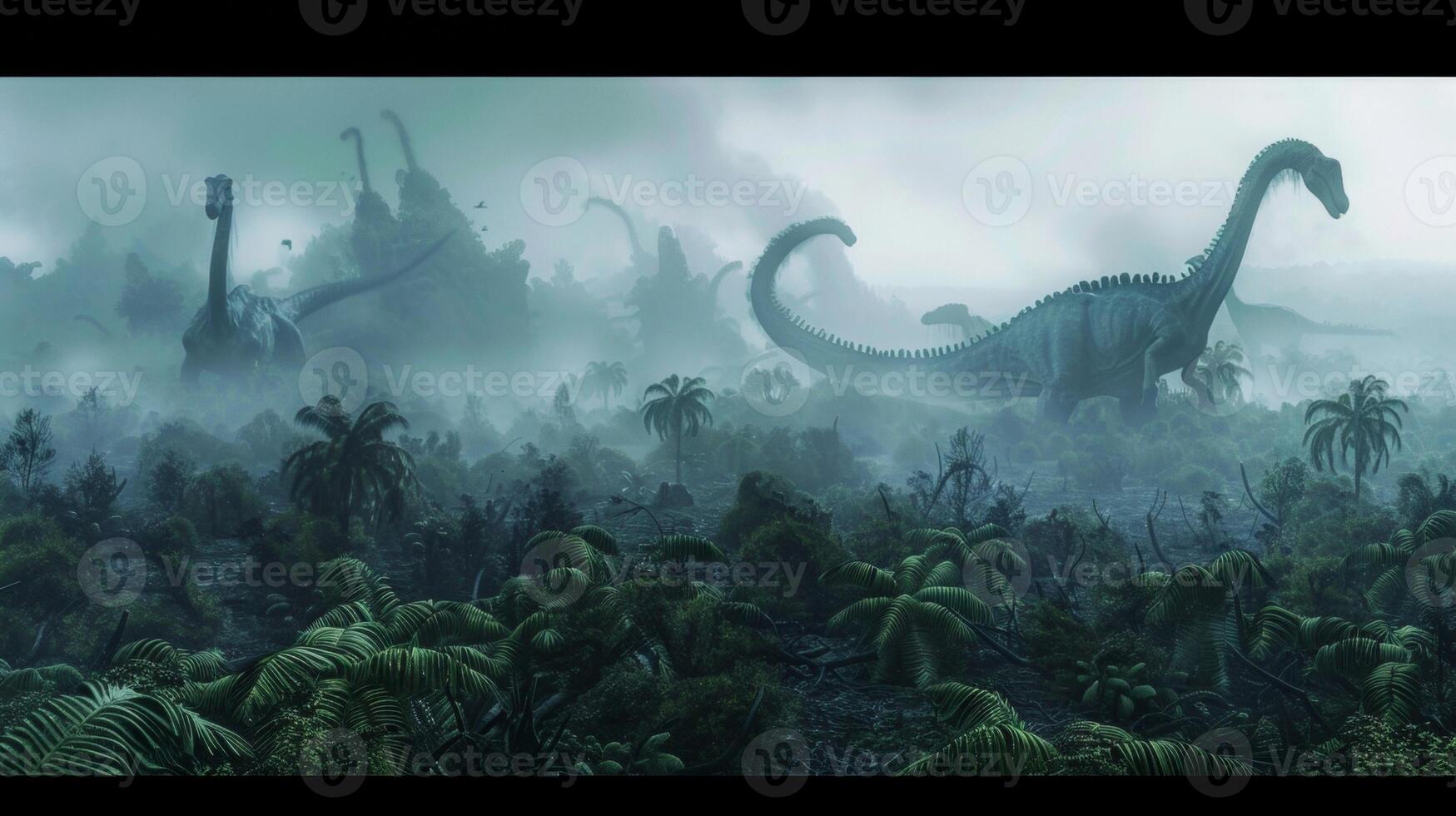 A dreamlike haze envelops the prehistoric landscape giant ferns tangled vines and the looming shapes of primitive dinosaurs fade in and out of focus against a muted sky. photo