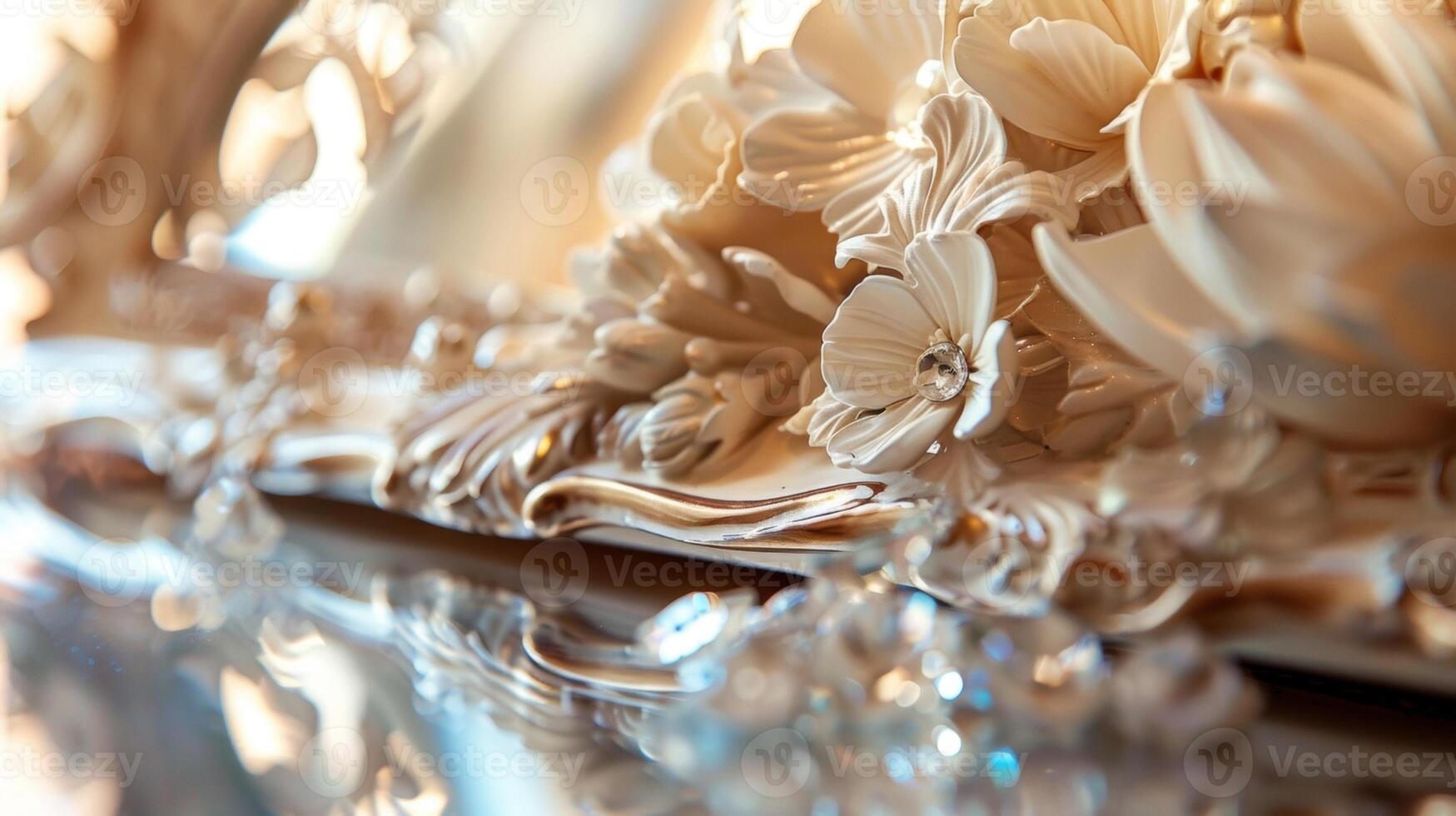Soft focus captures the essence of aristocratic indulgence in this defocused image showcasing intricate floral patterns elaborate moldings and delicate crystal details reminiscent photo