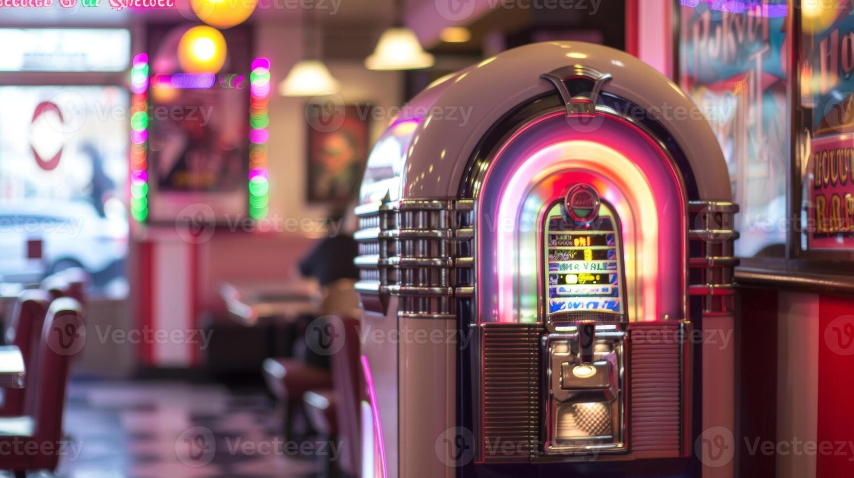 Defocused background image of a Rock n Roll Diner Time The hustle and bustle of a busy diner fades into the background leaving behind the vibrant colors and energy of the scene. The photo