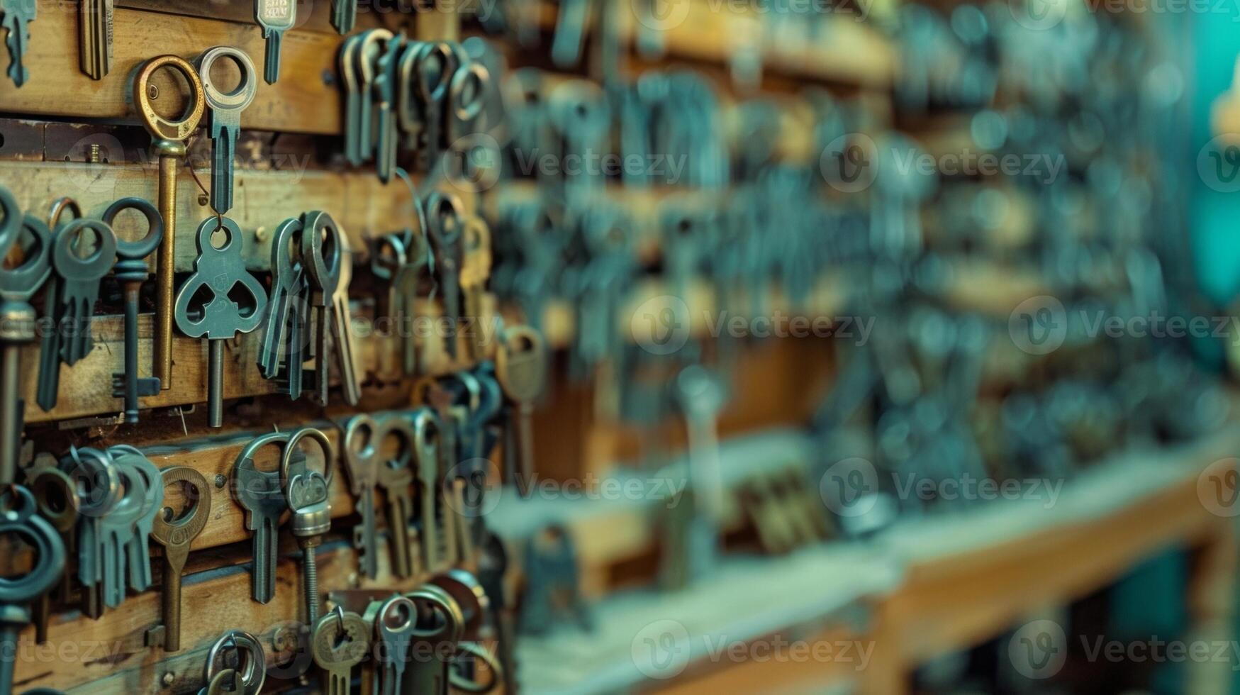 The blurred background of the locksmiths puzzle reveals rows upon rows of intricate locks and keys waiting to be solved by skilled hands. photo