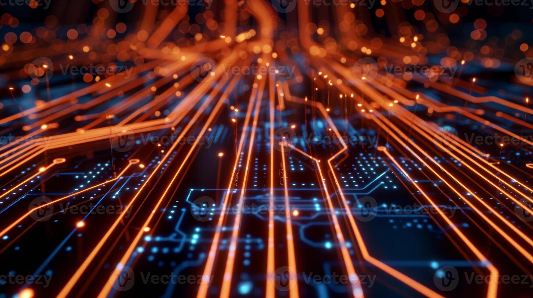 Indistinct background image of glowing digital lines coursing through electronic circuitry representing the constant flow of data that drives and shapes the world of electronics and photo
