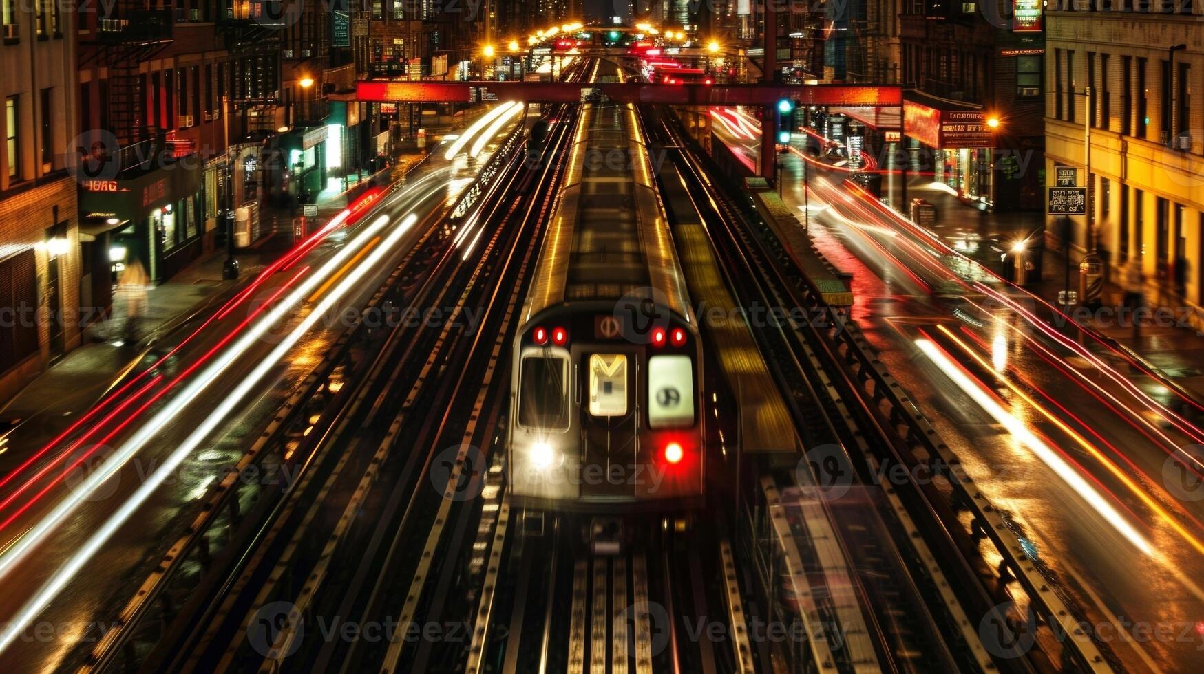 In the urban night the chaotic glow of subway lights blurred with the powerful rush of trains creating a mesmerizing landscape of kinetic energy in the Jungle of Iron and Light. photo