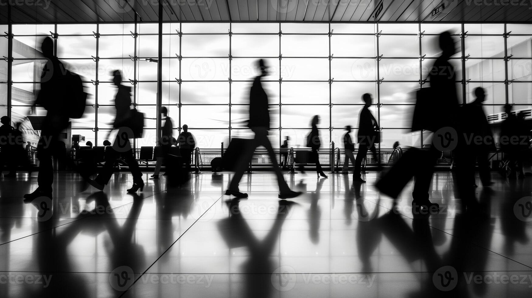 Defocused image 3 Blurred silhouettes of people walking in different directions create a sense of anonymity and transience as if the airport terminal is a temporary place filled with photo