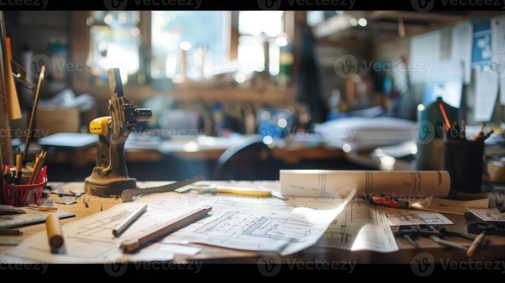 A soft out of focus view of a cluttered work table filled with various tools and plans evokes the intensity and creativity of an architects mind at work. photo