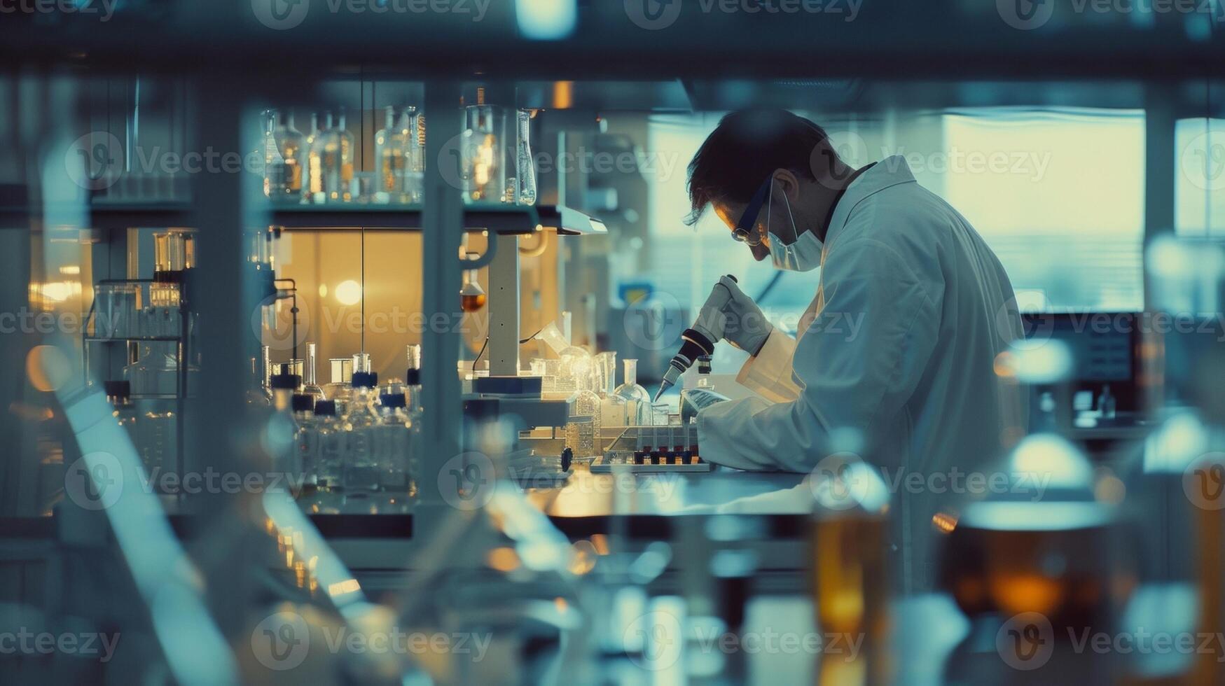 Through the hazy blur one can make out a stateoftheart laboratory filled with bubbling beakers swirling solutions and an experienced chemist diligently examining a sample under a photo