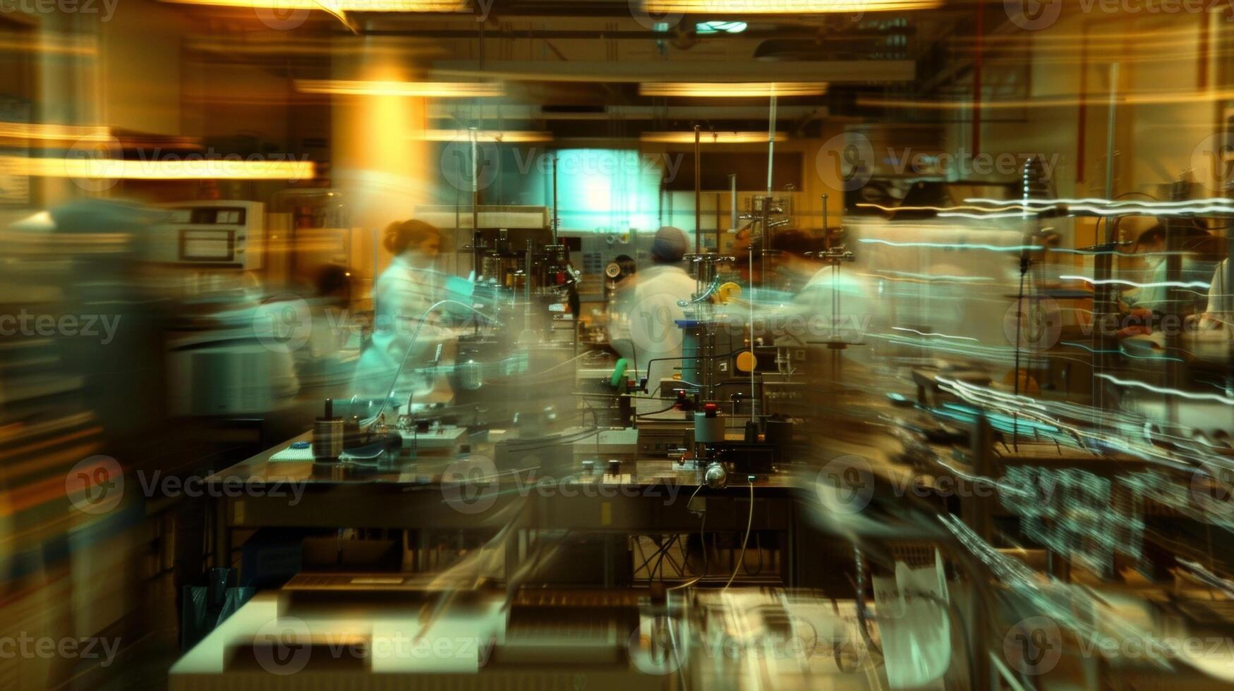 Blurred rows of advanced scientific instruments and equipment creating a backdrop for a group of researchers intently studying their findings. photo