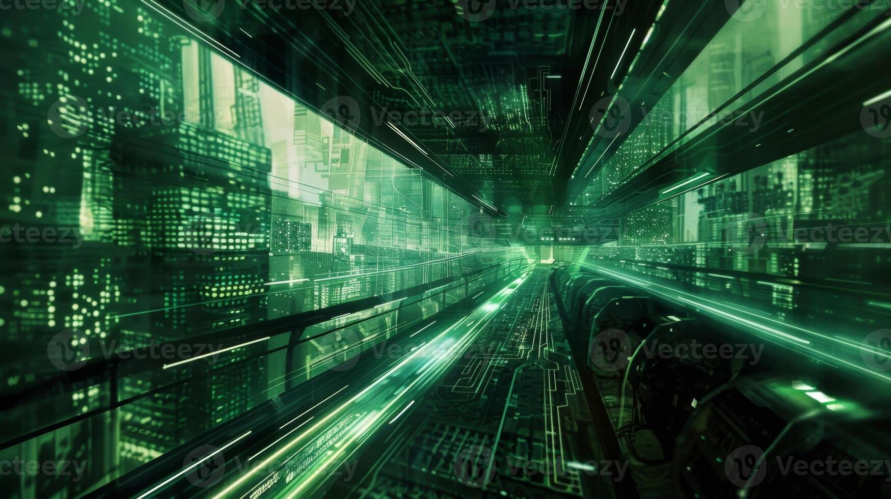 A disorienting blurring of circuit boards and machinery resembling a digital ocean leading to an unknown and ominous destination. photo