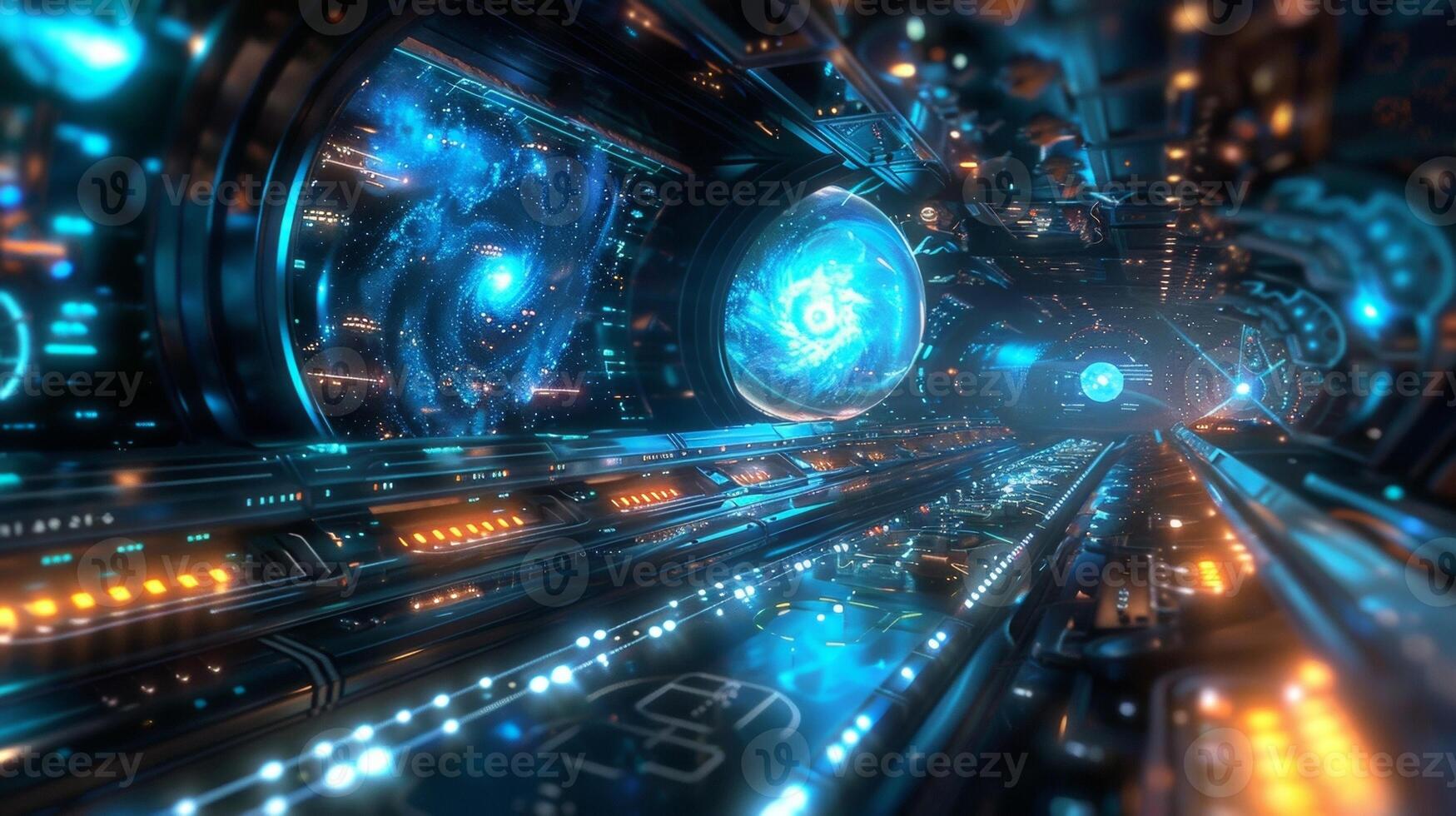 Twinkling stars and swirling galaxies form the backdrop of a futuristic control room the details blurred and distorted in the deep void beyond. photo