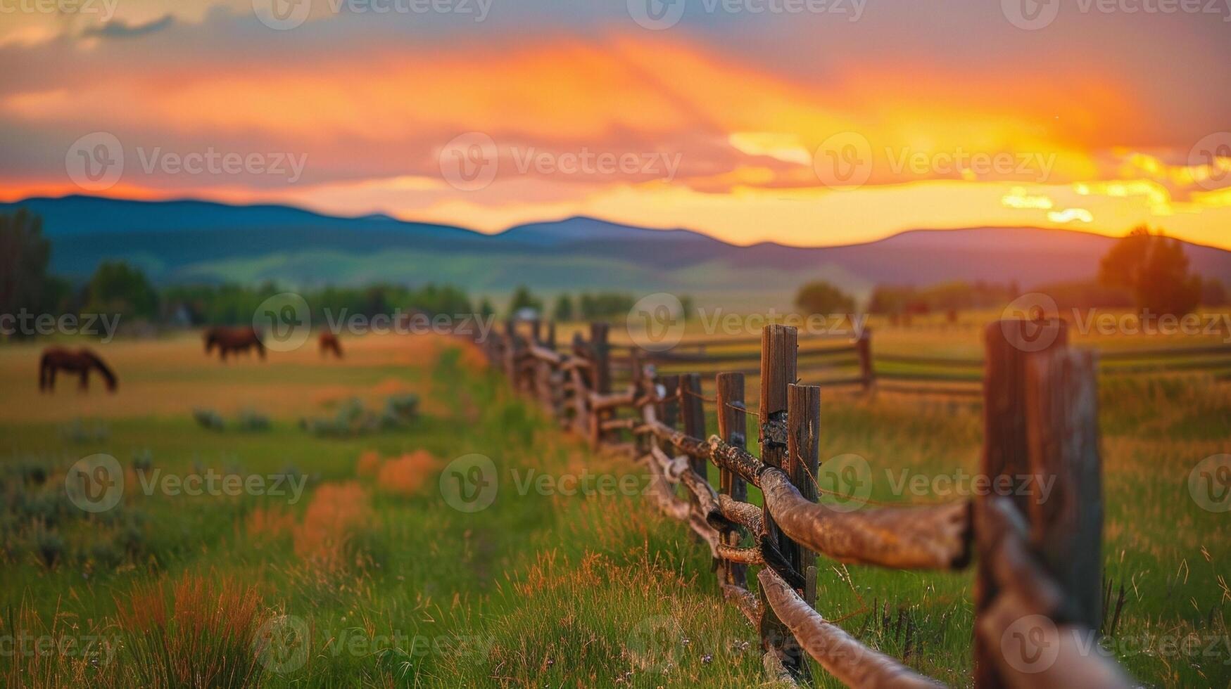 A defocused view of a rural ranch with a wooden fence and grazing horses the vibrant colors of the sunset painting the sky and reflecting off the calm lake in the background. photo