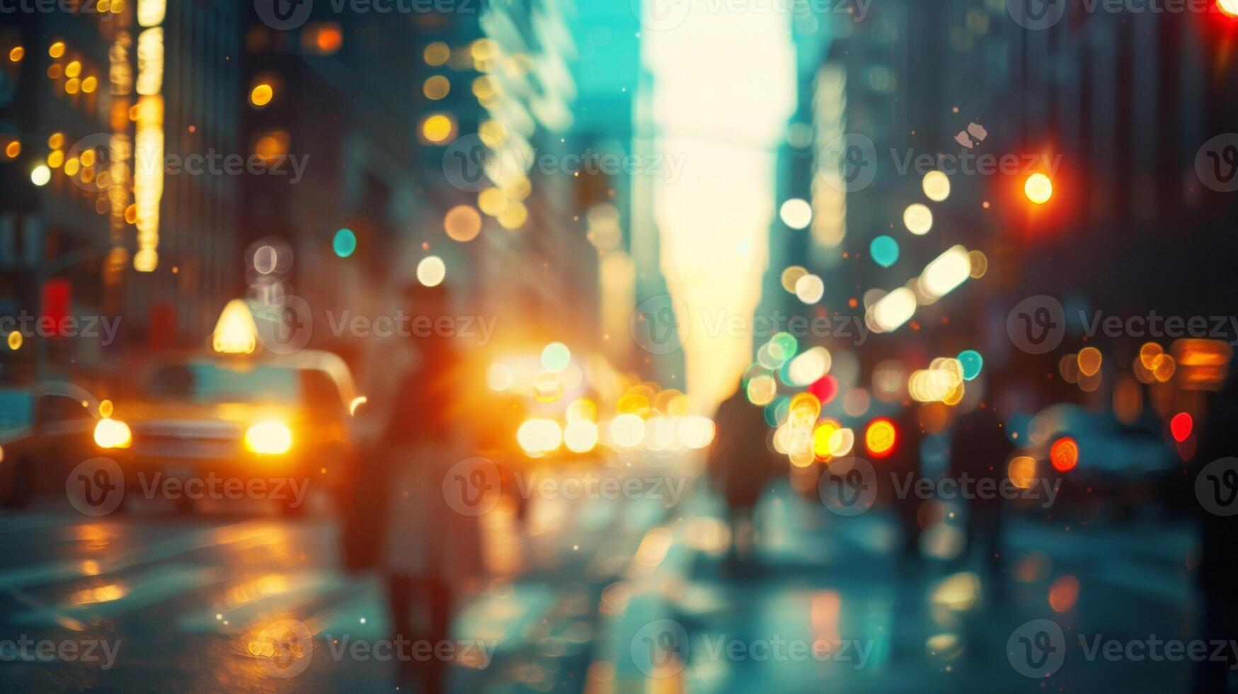 Defocused silhouette of a busy street with blurred figures and cars passing by while the citys iconic landmarks stand tall in the distance creating a sense of depth and movement. photo
