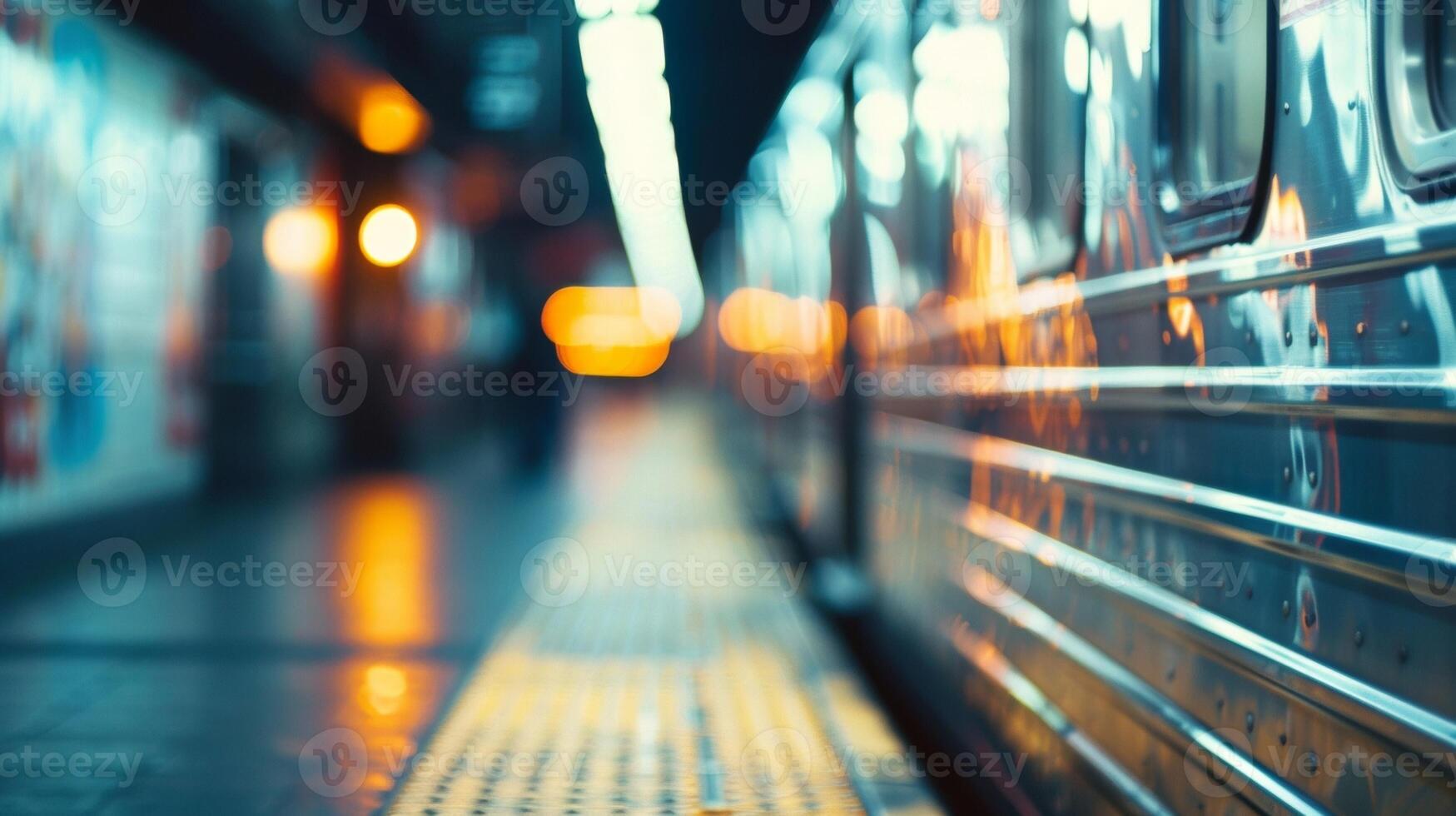 Bright lights and blurred buildings add to the bustling energy of this defocused urban scene with the subway platform serving as a hub of constant activity and movement. photo