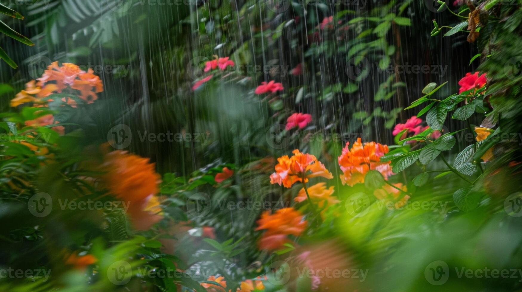 A blurred scene of vibrant blooms and dense foliage representing the vibrant energy and rejuvenation of monsoon showers in a tropical locale. photo