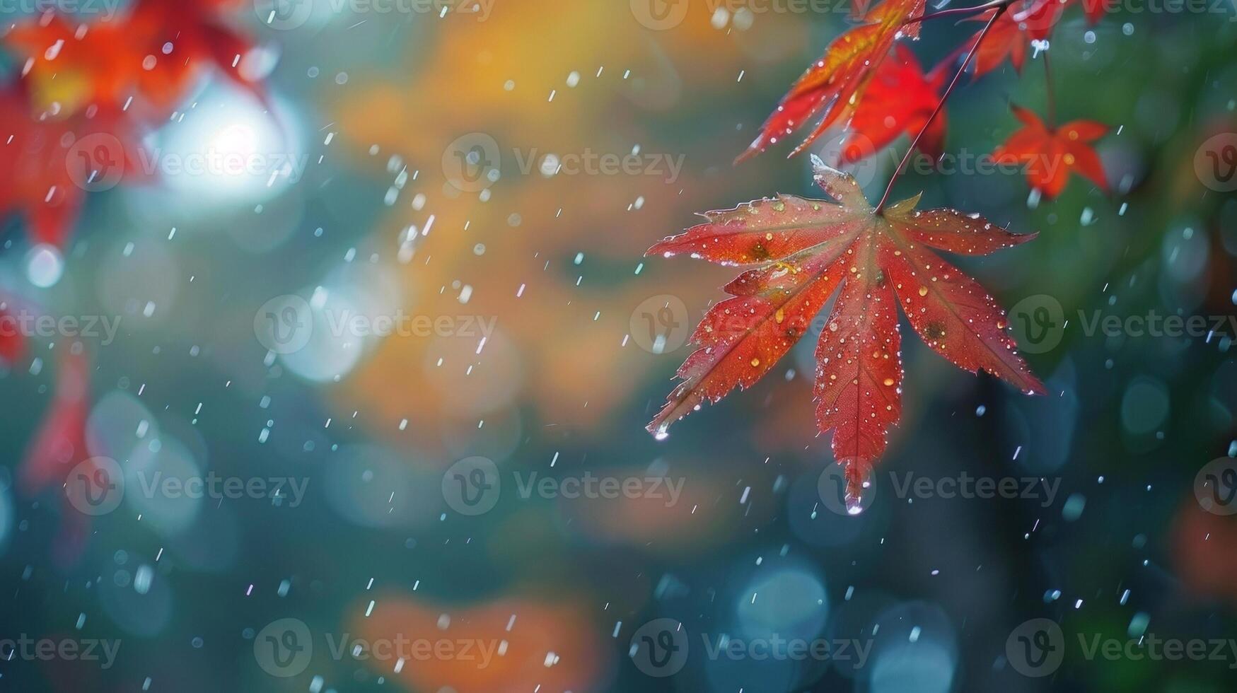 Defocused The quiet stillness of a fall day is interrupted by the gentle patter of rain casting a soft blur over the rich colors of the changing leaves creating a tranquil and serene photo