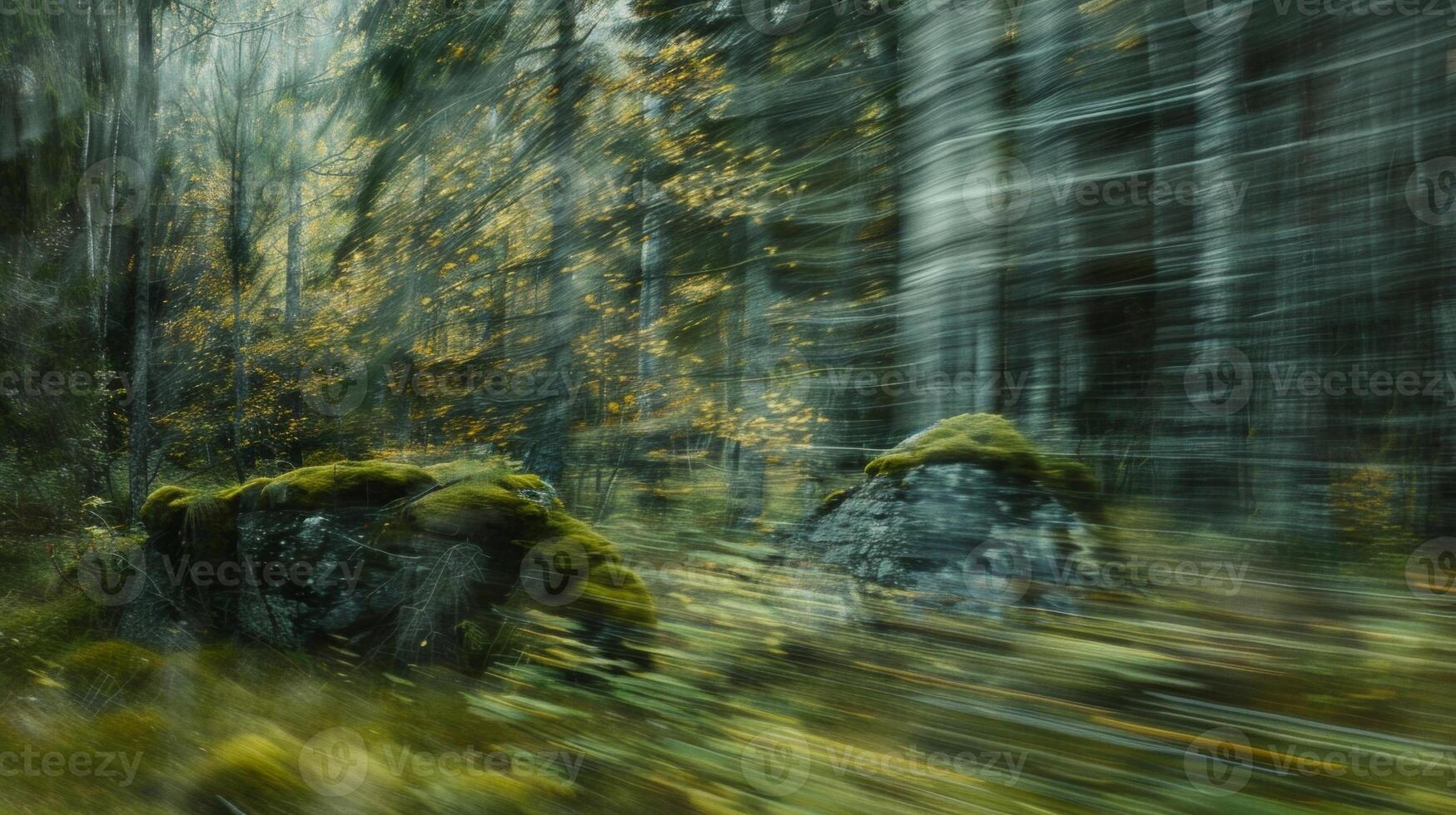 In the depths of the silent wilderness the trees and mosscovered rocks are obscured by a gentle blur creating a sense of tranquility and solitude. photo