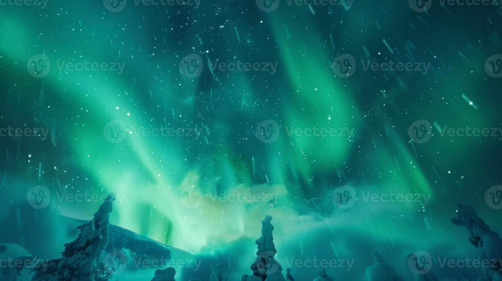 In the background a gentle snowfall mingles with the electrifying display of the Northern Lights giving the impression of being lost in a mesmerizing and tranquil winter wonderland. photo