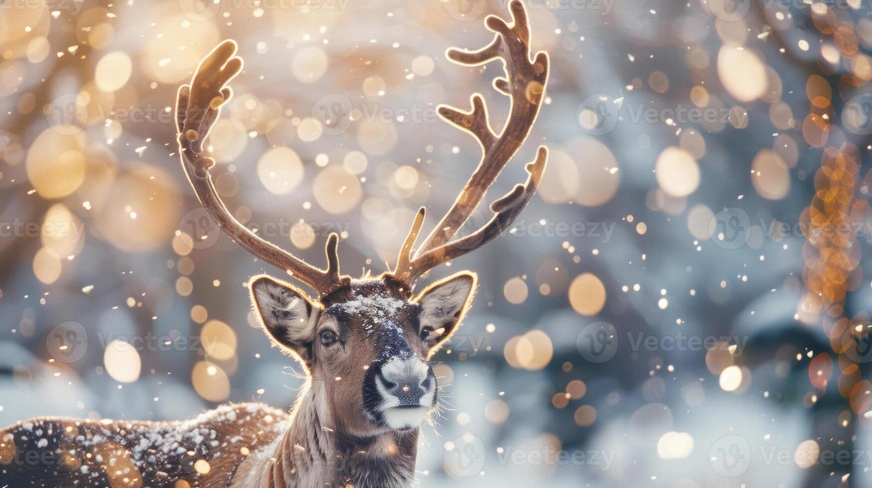 Defocused reindeer standing in front of a winter wonderland with soft flakes of snow falling in the background. photo