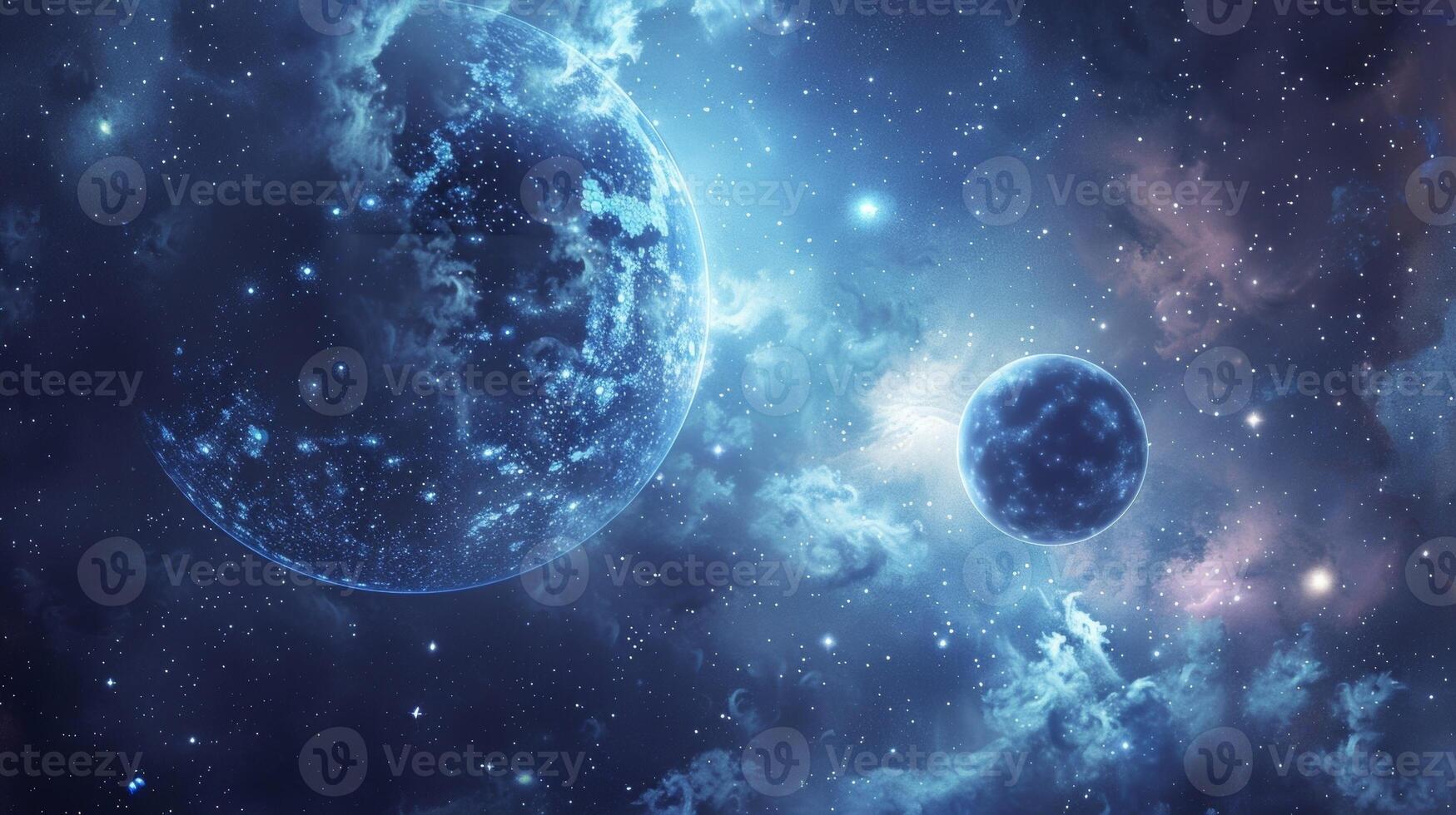 Defocused ling stars and wispy clouds compose a dreamy ethereal background for the softly glowing spheres of Ur and Neptune in this image of the outer realms of the Solar System. photo