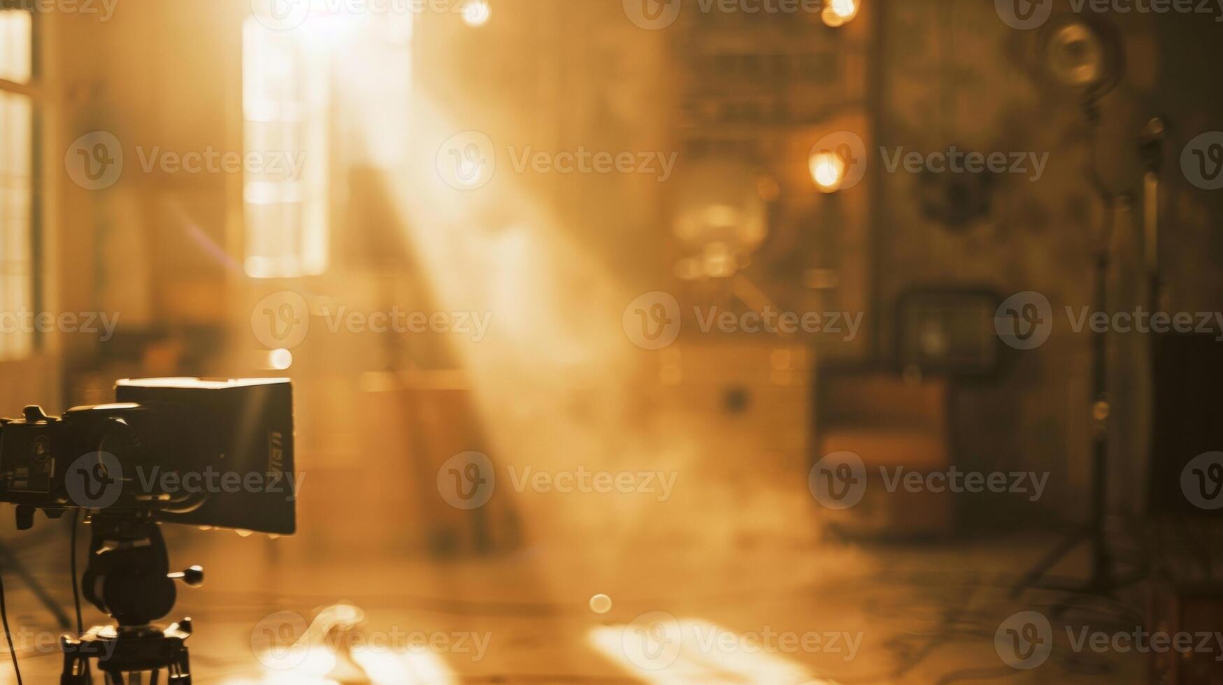 A hazy backdrop of tered studio props and blurred set pieces forms the perfect canvas for the subtle beams of vintage movie lighting. The overall effect is a dreamy nostalgic photo