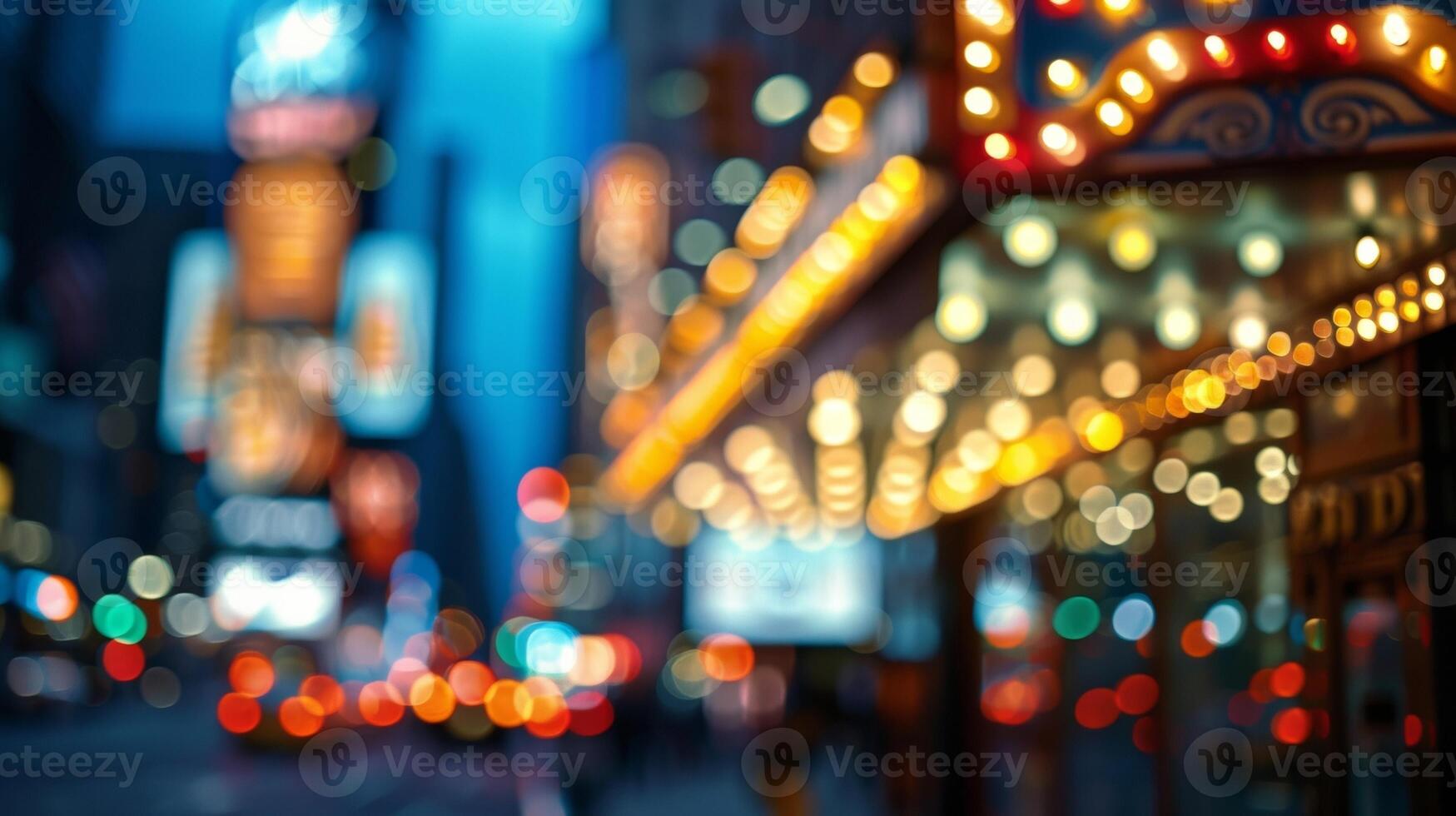 Softly out of focus theater marquee its bold lettering and striking lights creating a mesmerizing backdrop for the bustling city streets. photo