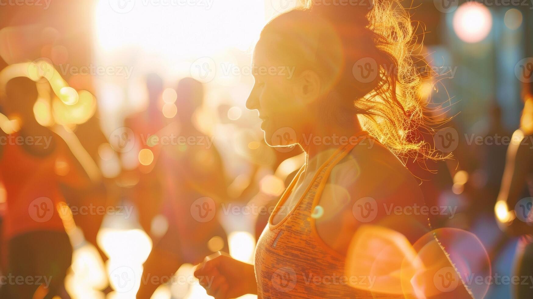 In the defocused background the lively atmosphere of a Zumba class in full swing is portrayed through a hazy blend of lively patterns and movements capturing the essence of this photo