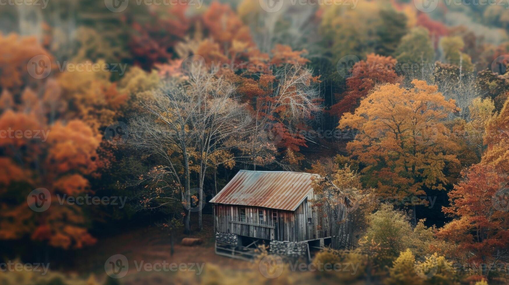 A defocused image of a rustic barn surrounded by trees in varying shades of warm autumn colors evoking a sense of nostalgia and tranquility. photo