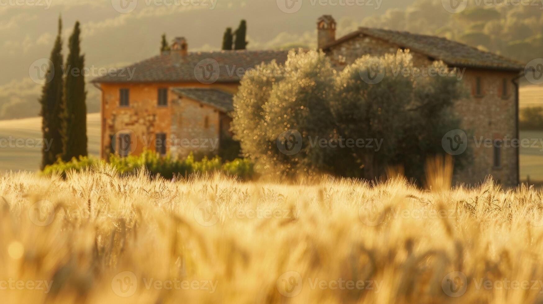 Misty defocused background of a Tuscan villa surrounded by lush olive groves and fields of golden wheat. photo