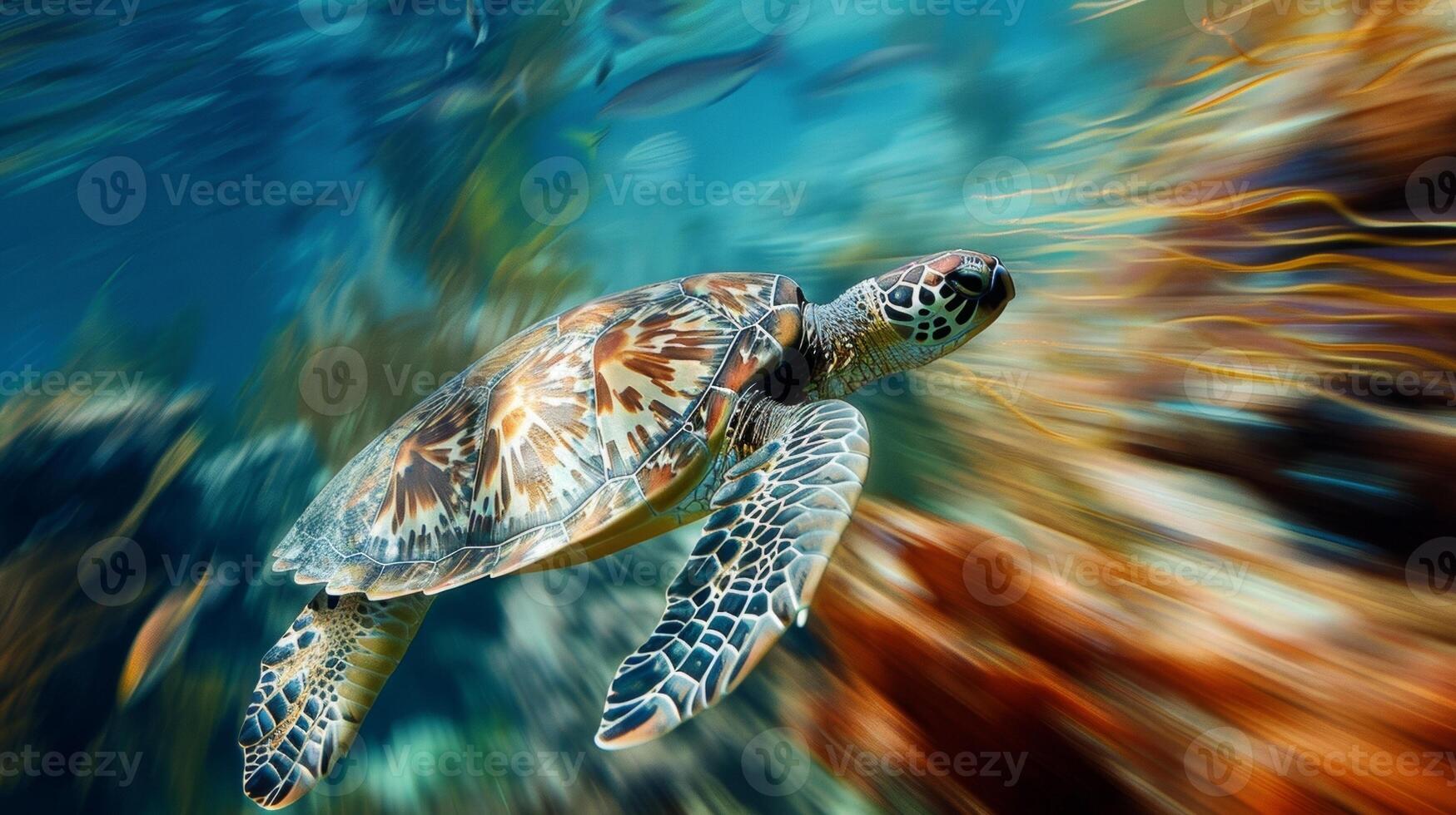 A blur of vibrant coral and swaying ocean plants provide a picturesque backdrop for the peaceful journey of a sea turtle surrounded by the tranquil blue hues of the ocean. photo